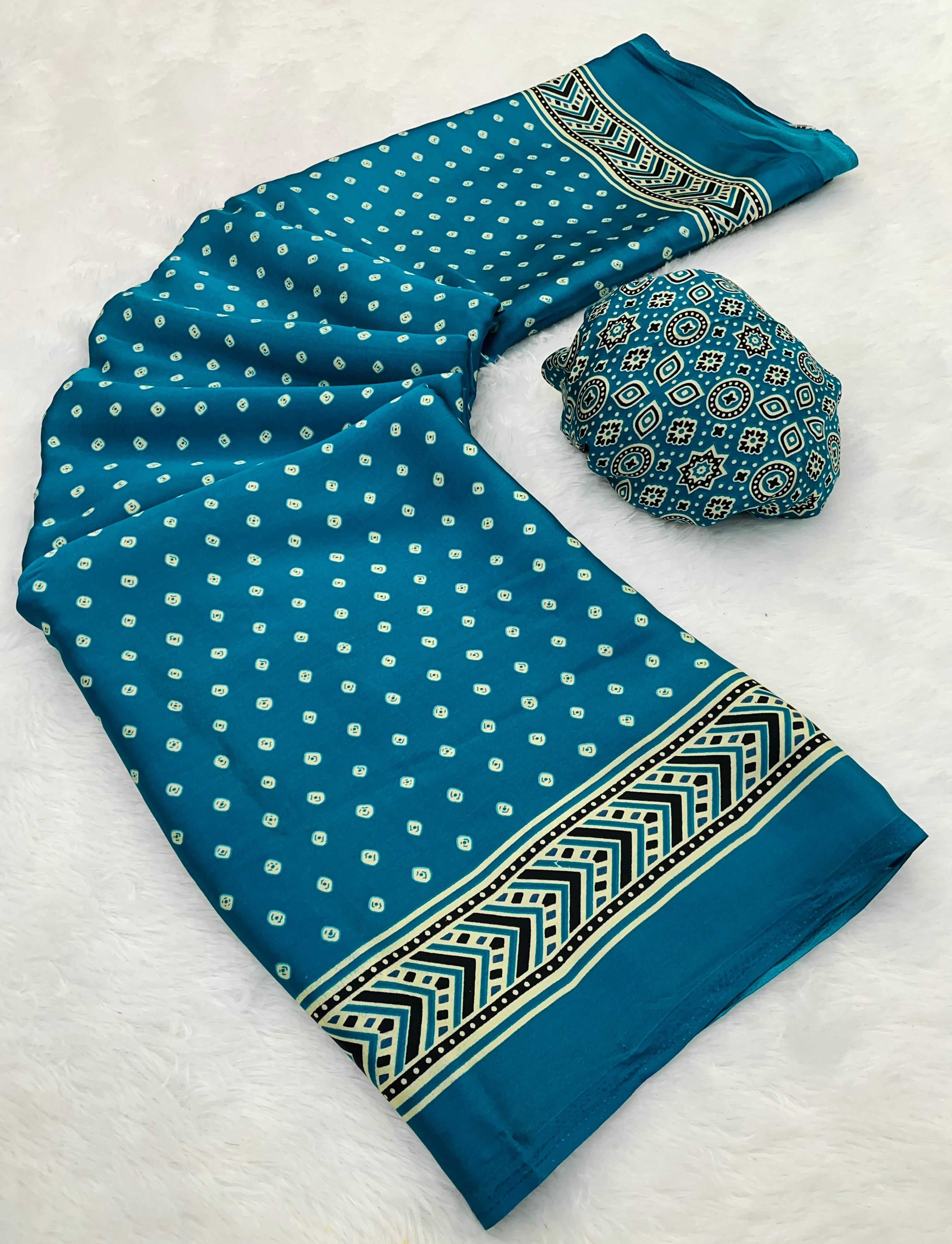 Gajal Rama Modal Silk Bandhani With Ajrakh Natural Print Saree