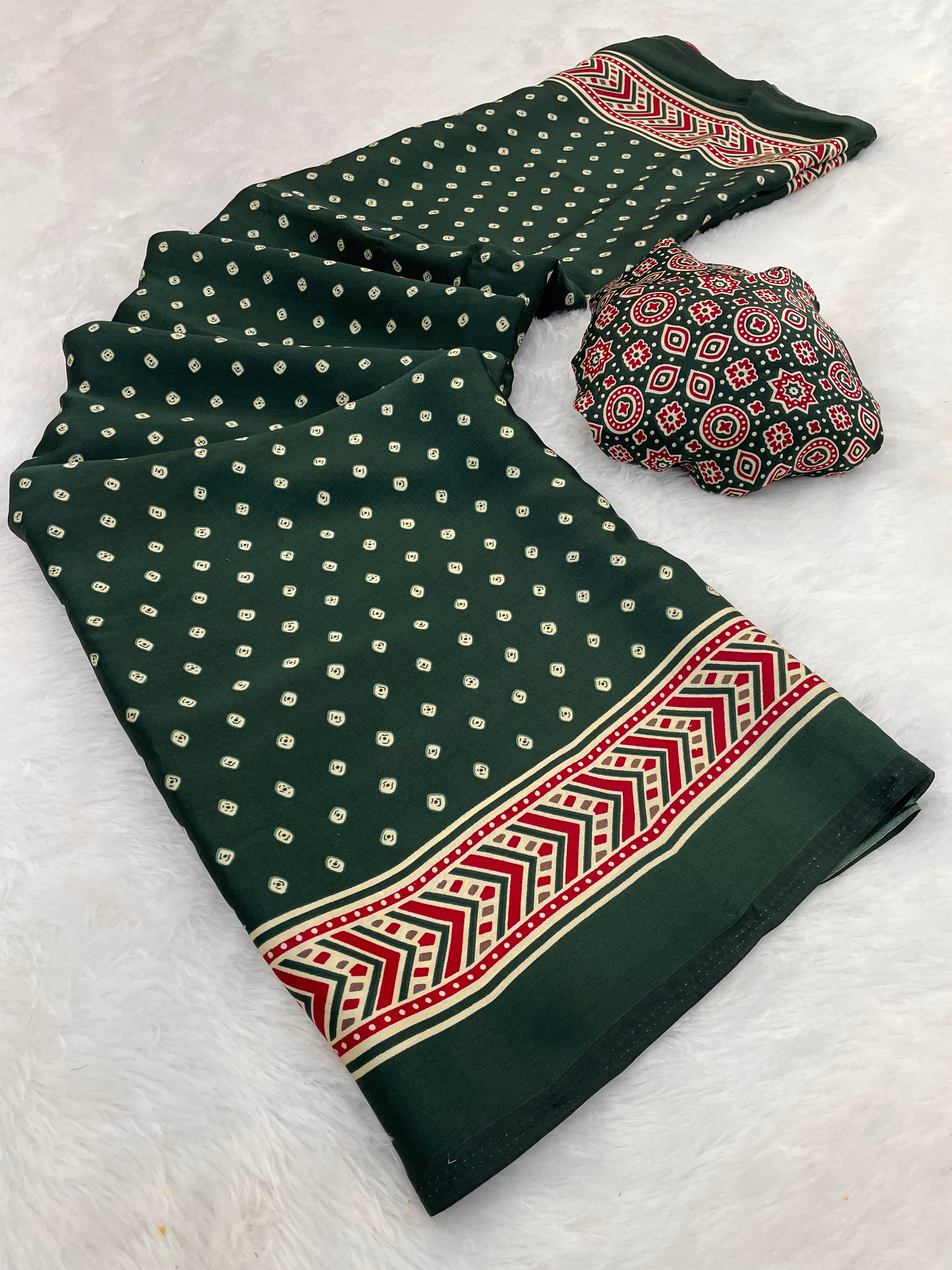 Gajal Green Modal Silk Bandhani With Ajrakh Natural Print Saree