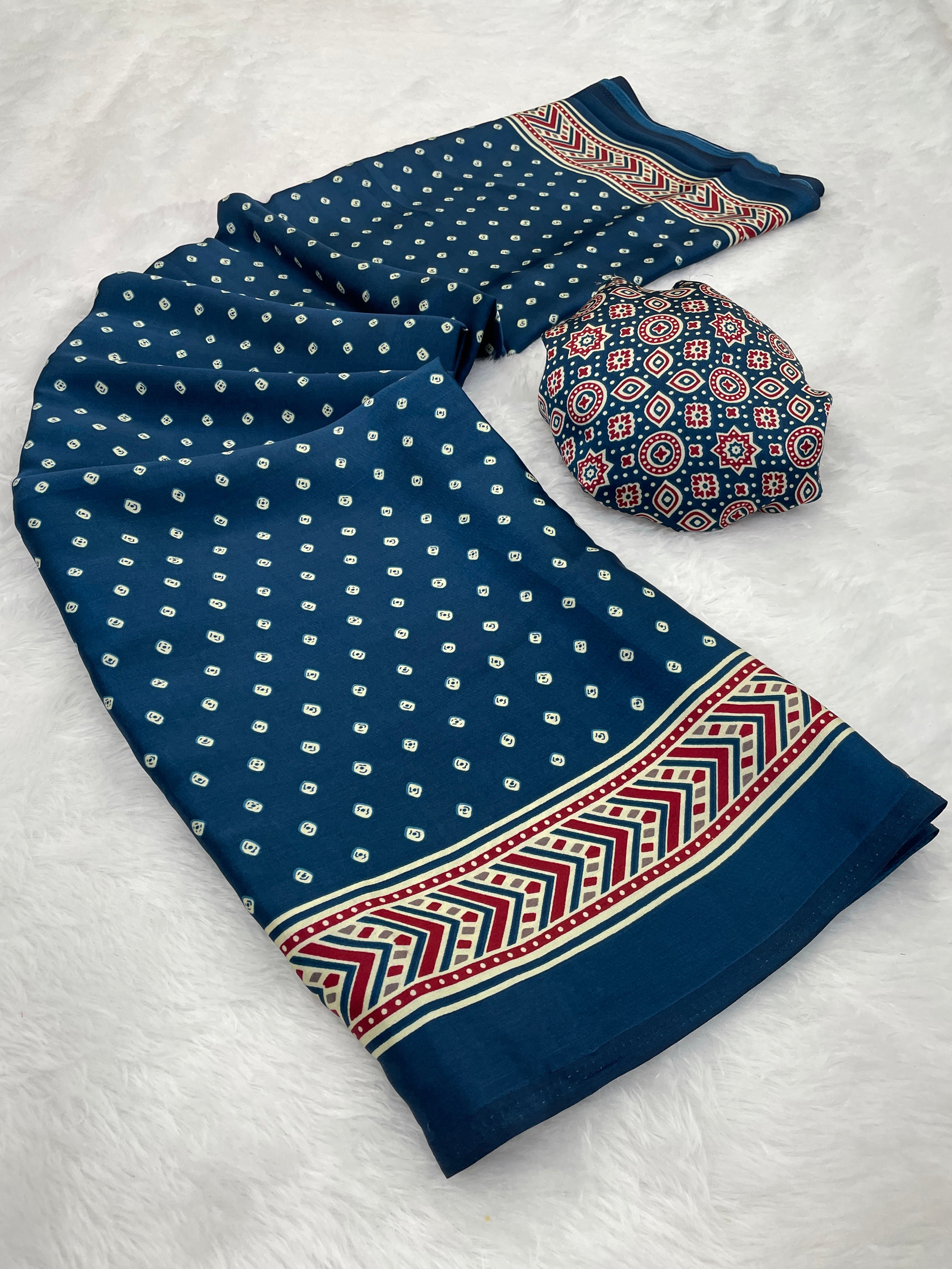Gajal Indigo Modal Silk Bandhani With Ajrakh Natural Print Saree