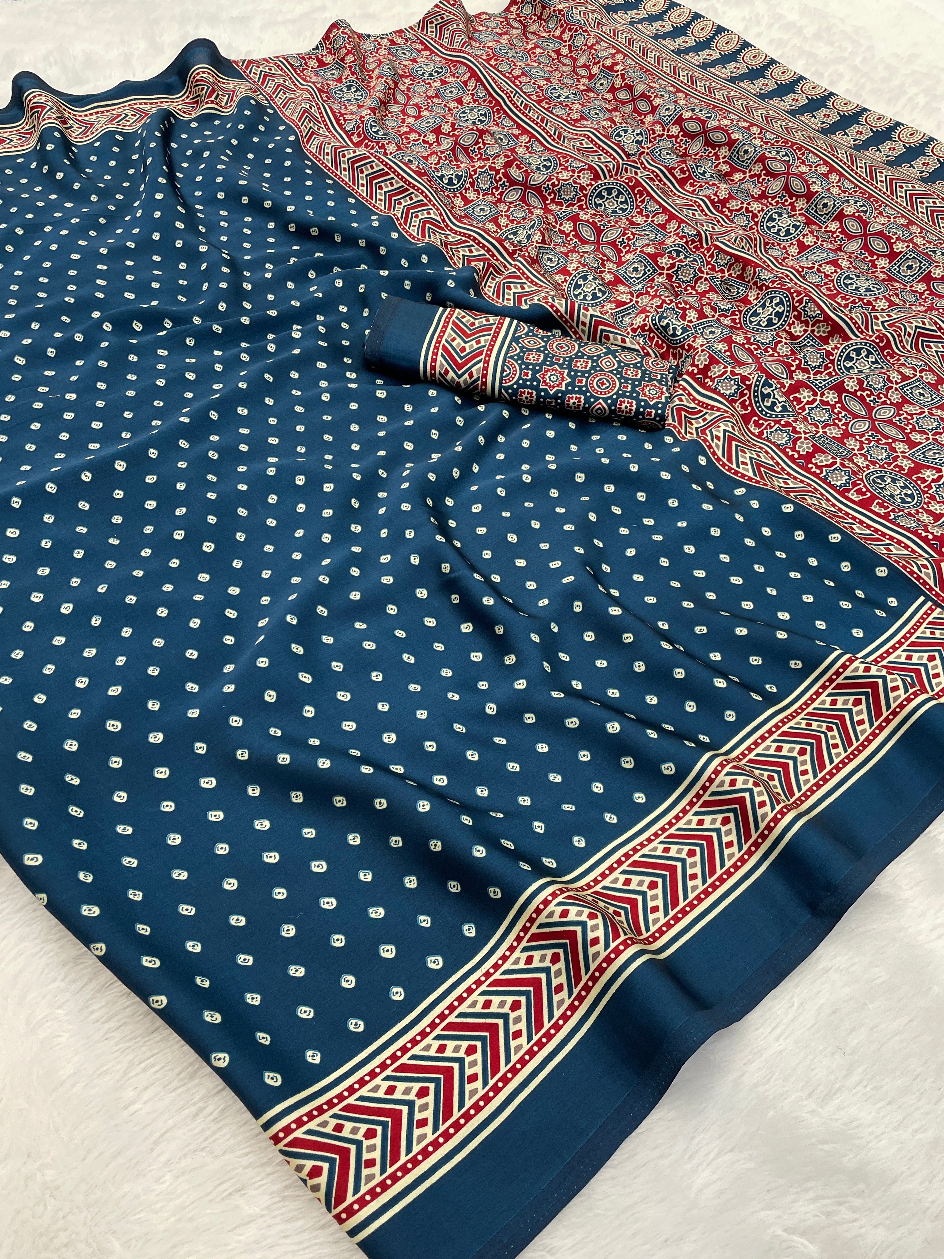 Gajal Indigo Modal Silk Bandhani With Ajrakh Natural Print Saree