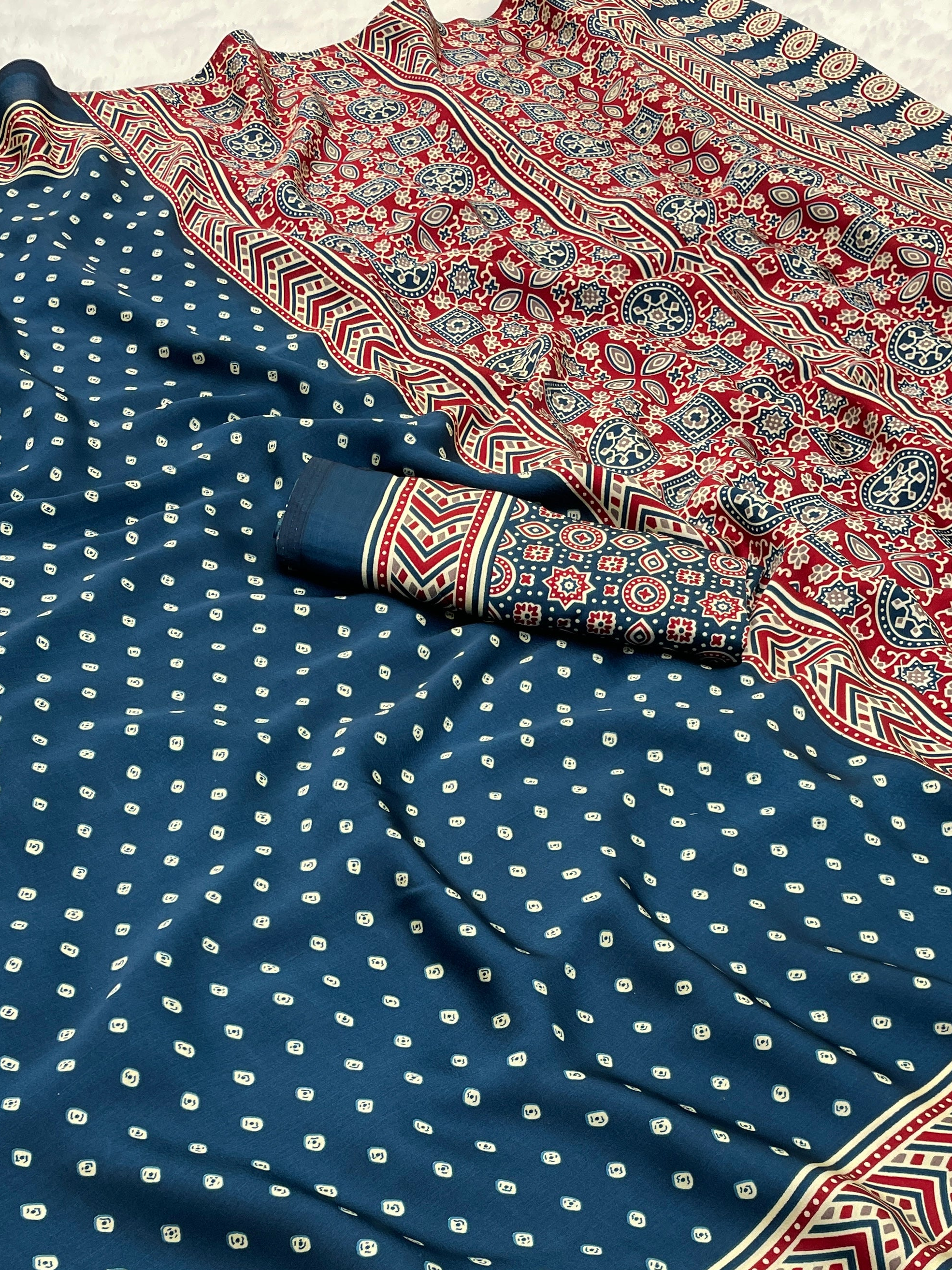 Gajal Indigo Modal Silk Bandhani With Ajrakh Natural Print Saree