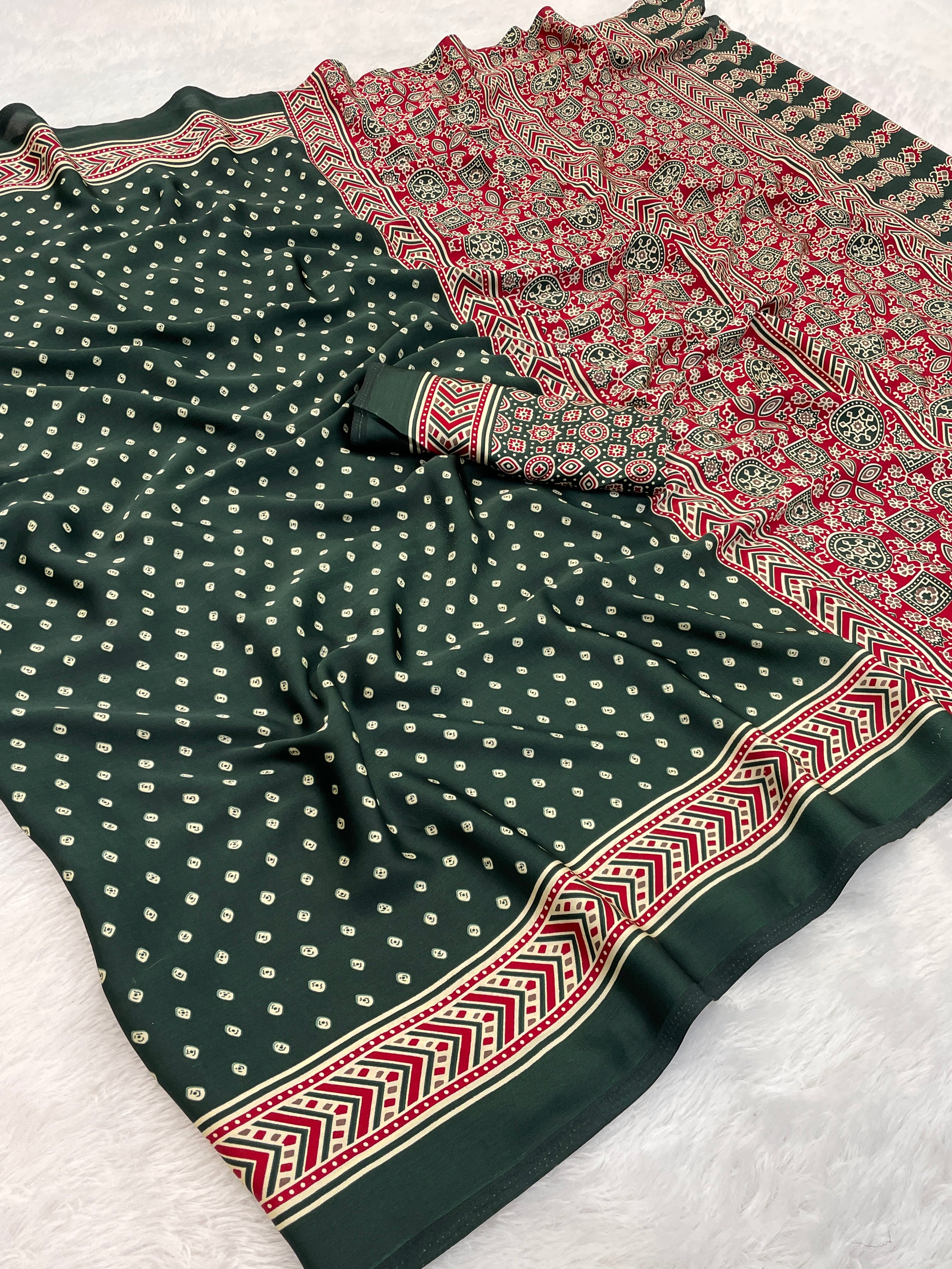 Gajal Green Modal Silk Bandhani With Ajrakh Natural Print Saree