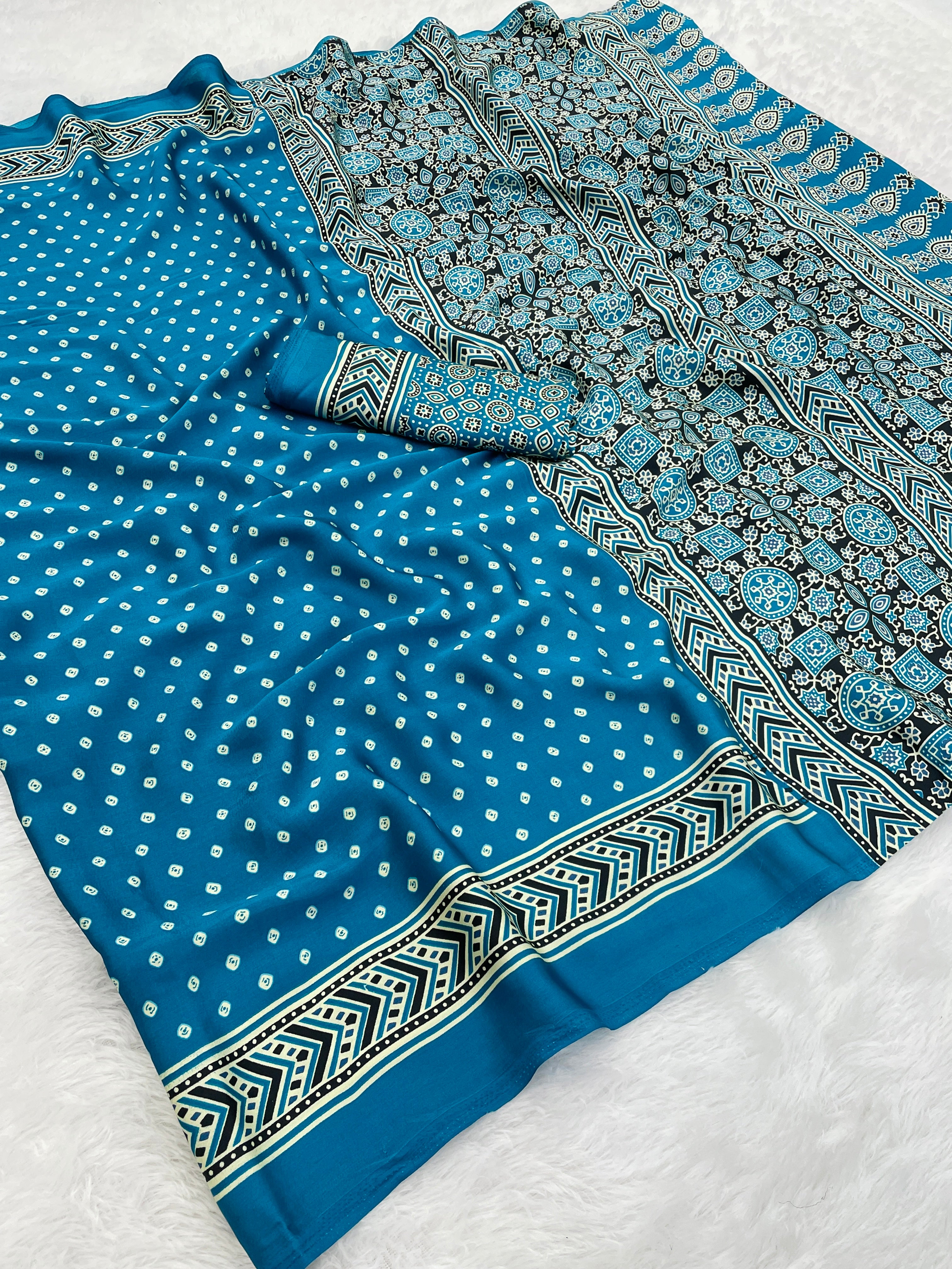 Gajal Rama Modal Silk Bandhani With Ajrakh Natural Print Saree
