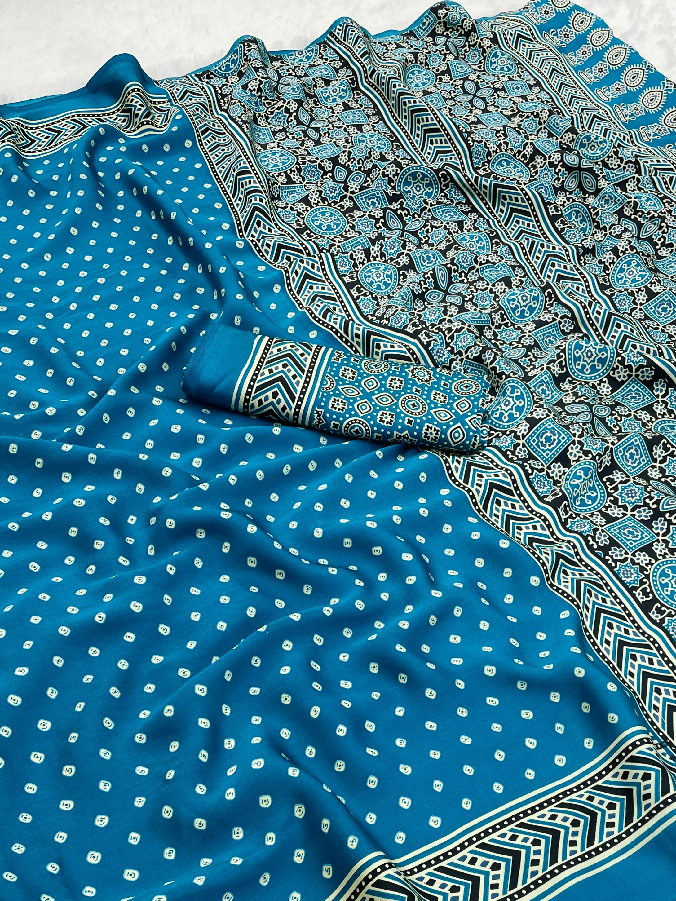 Gajal Rama Modal Silk Bandhani With Ajrakh Natural Print Saree