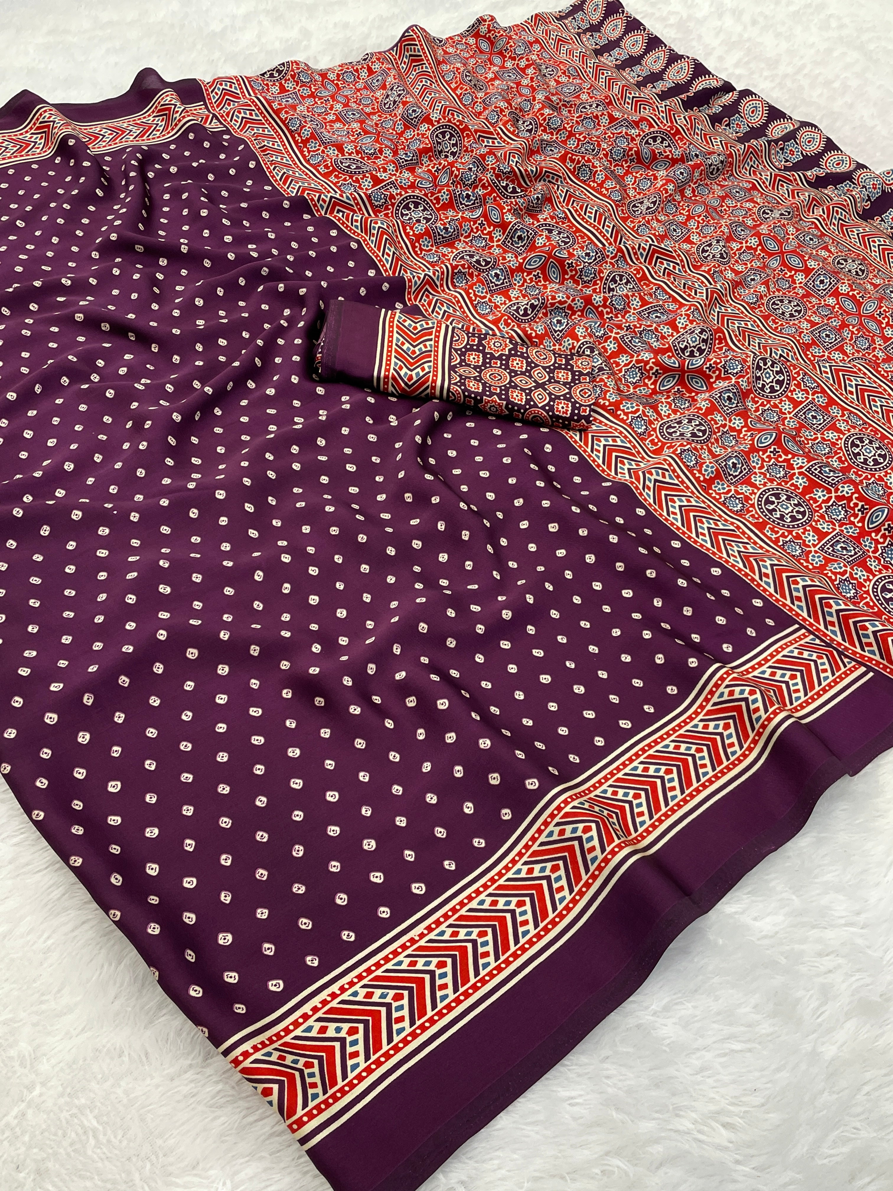Gajal Wine Modal Silk Bandhani With Ajrakh Natural Print Saree