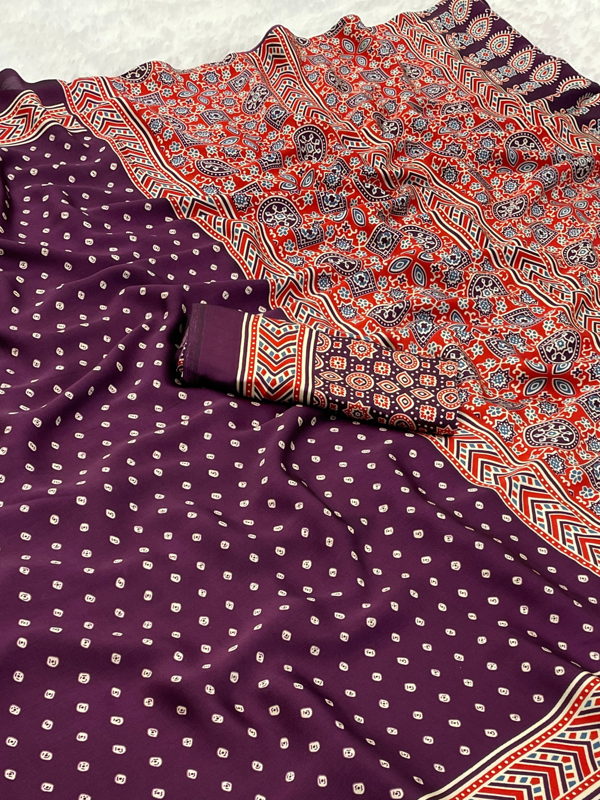 Gajal Wine Modal Silk Bandhani With Ajrakh Natural Print Saree