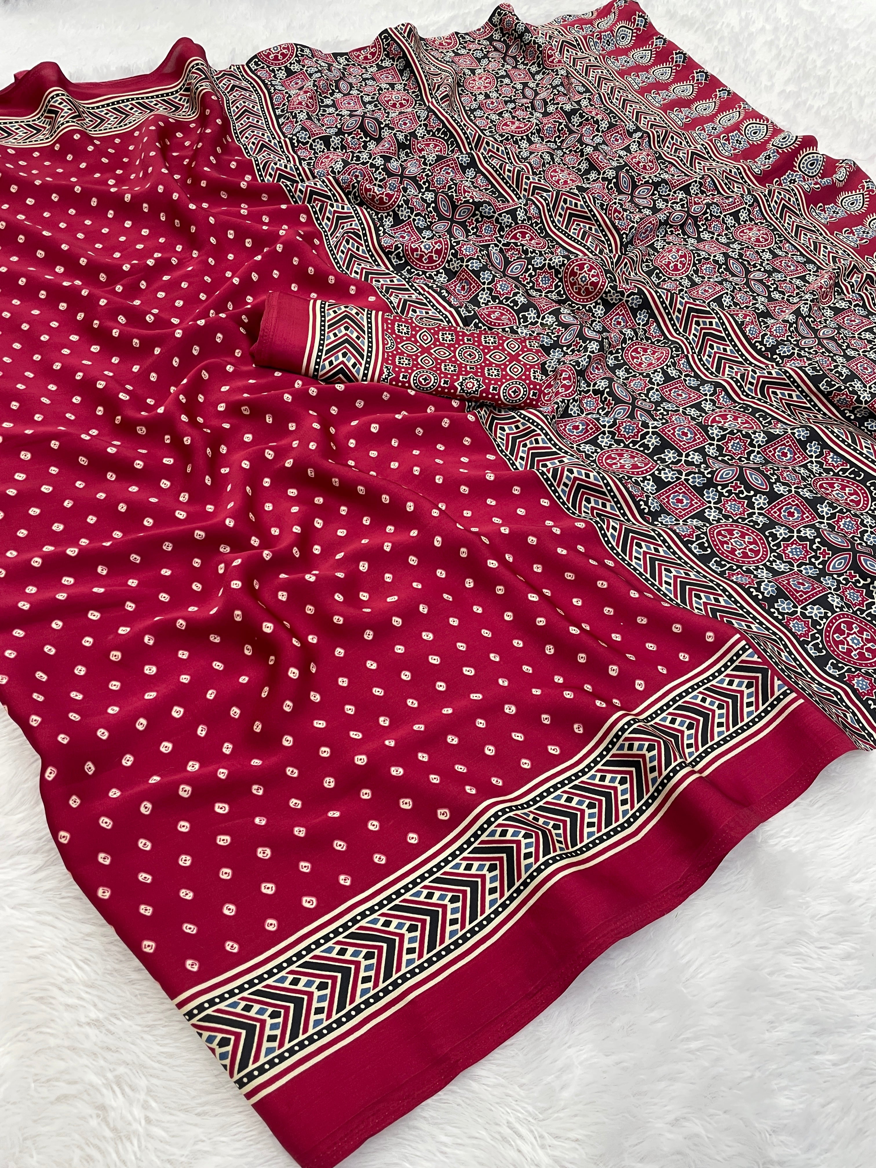 Gajal Red Modal Silk Bandhani With Ajrakh Natural Print Saree