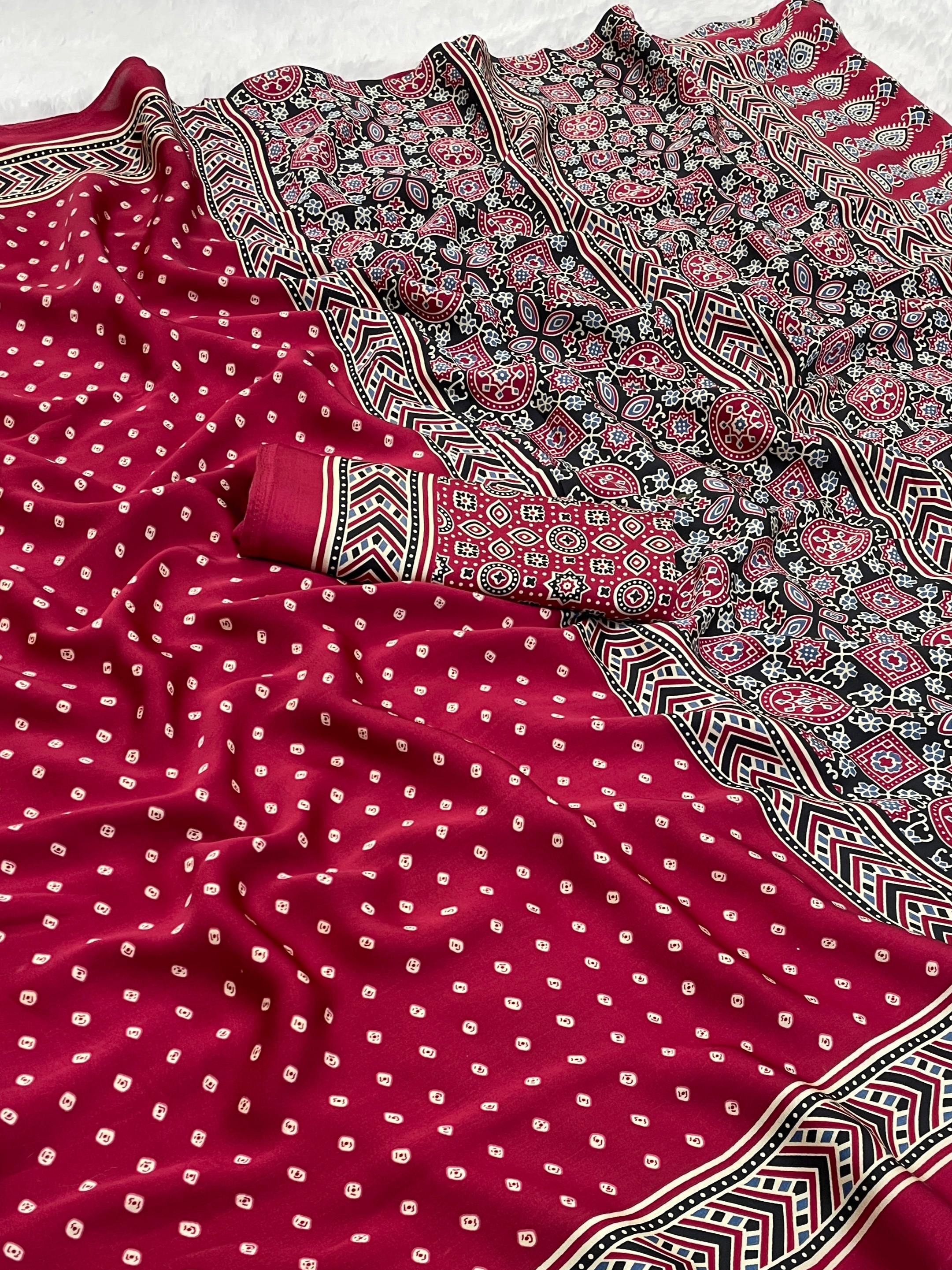 Gajal Red Modal Silk Bandhani With Ajrakh Natural Print Saree