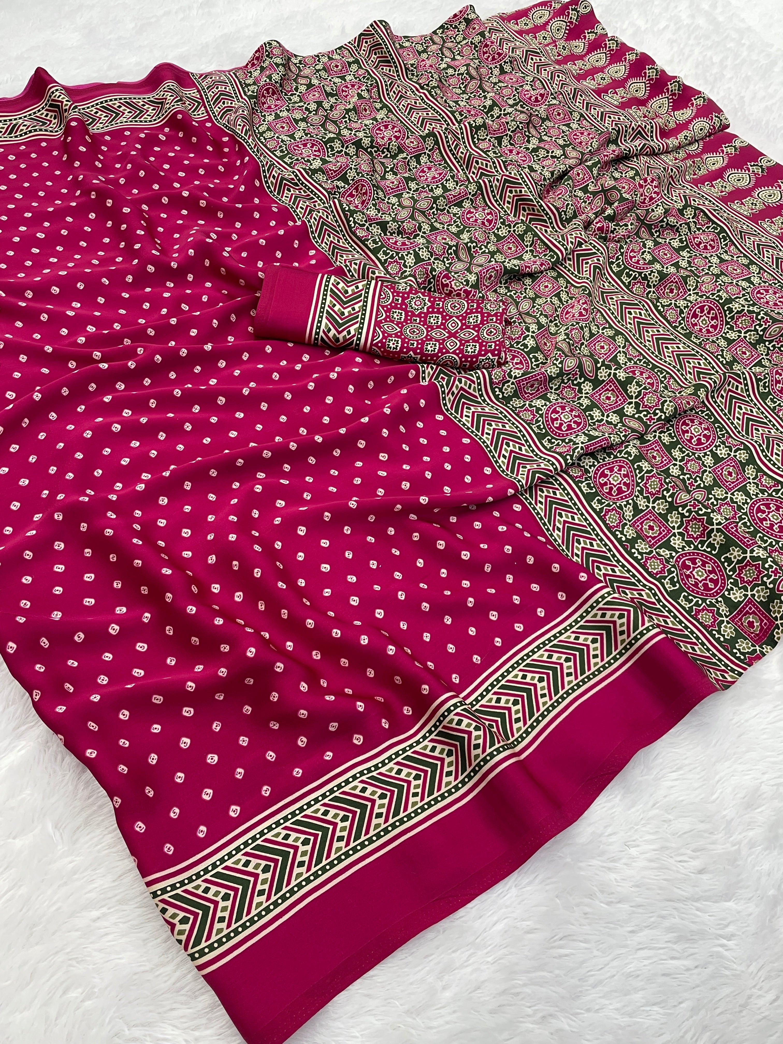 Gajal Rani Modal Silk Bandhani With Ajrakh Natural Print Saree