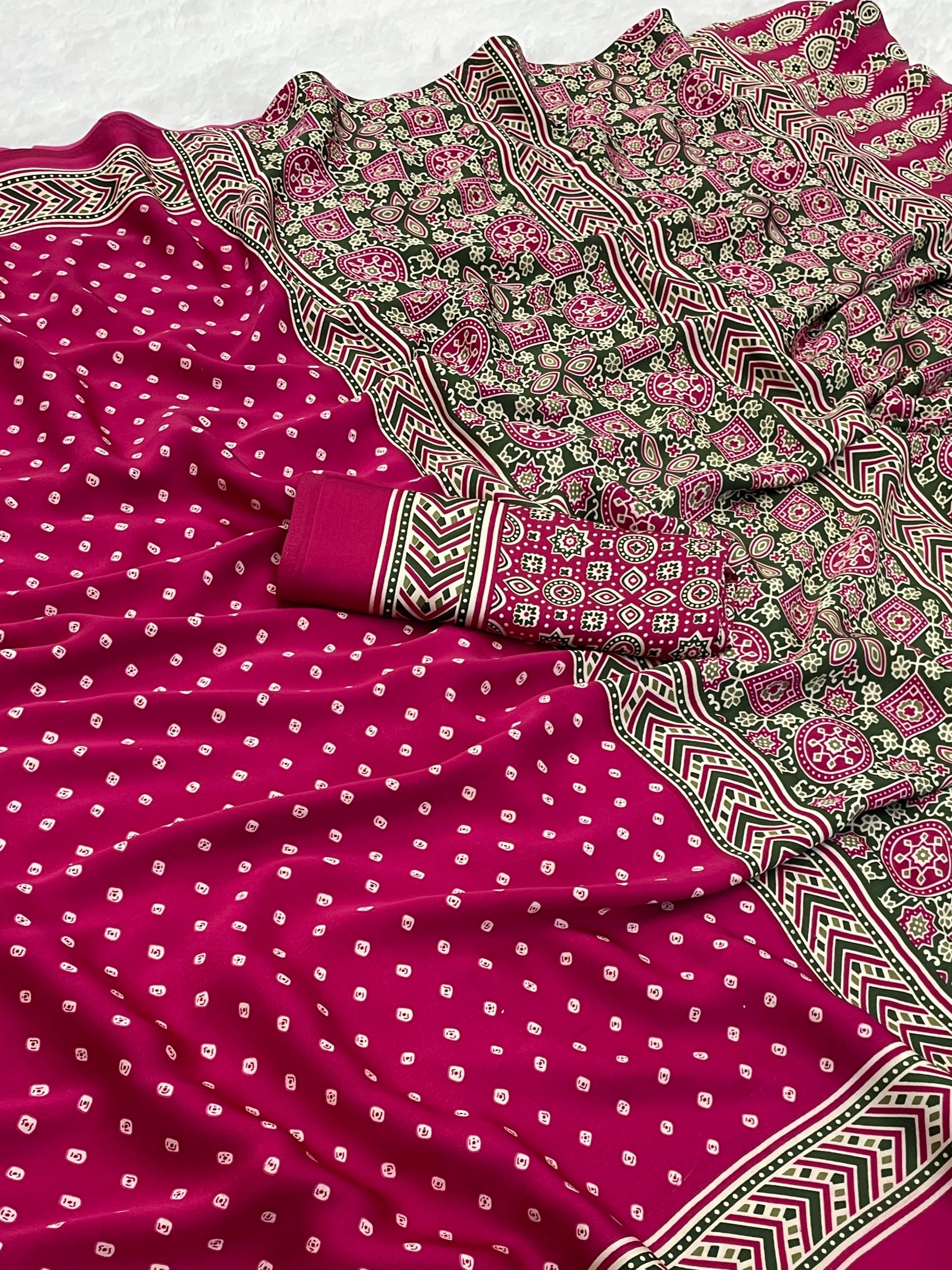 Gajal Rani Modal Silk Bandhani With Ajrakh Natural Print Saree