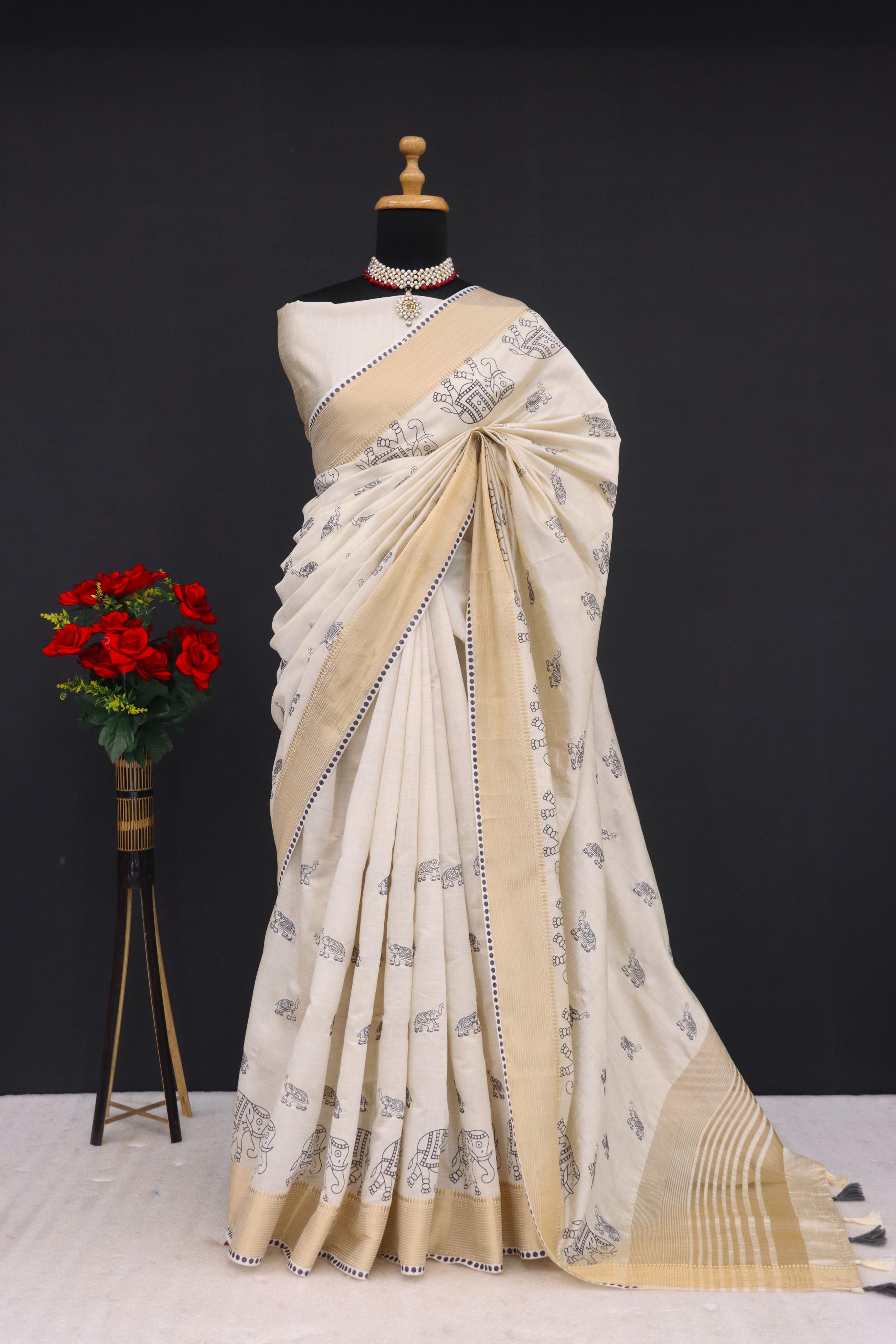 Summer Special Off White And Blue Hand Block With Work Linen Silk Saree