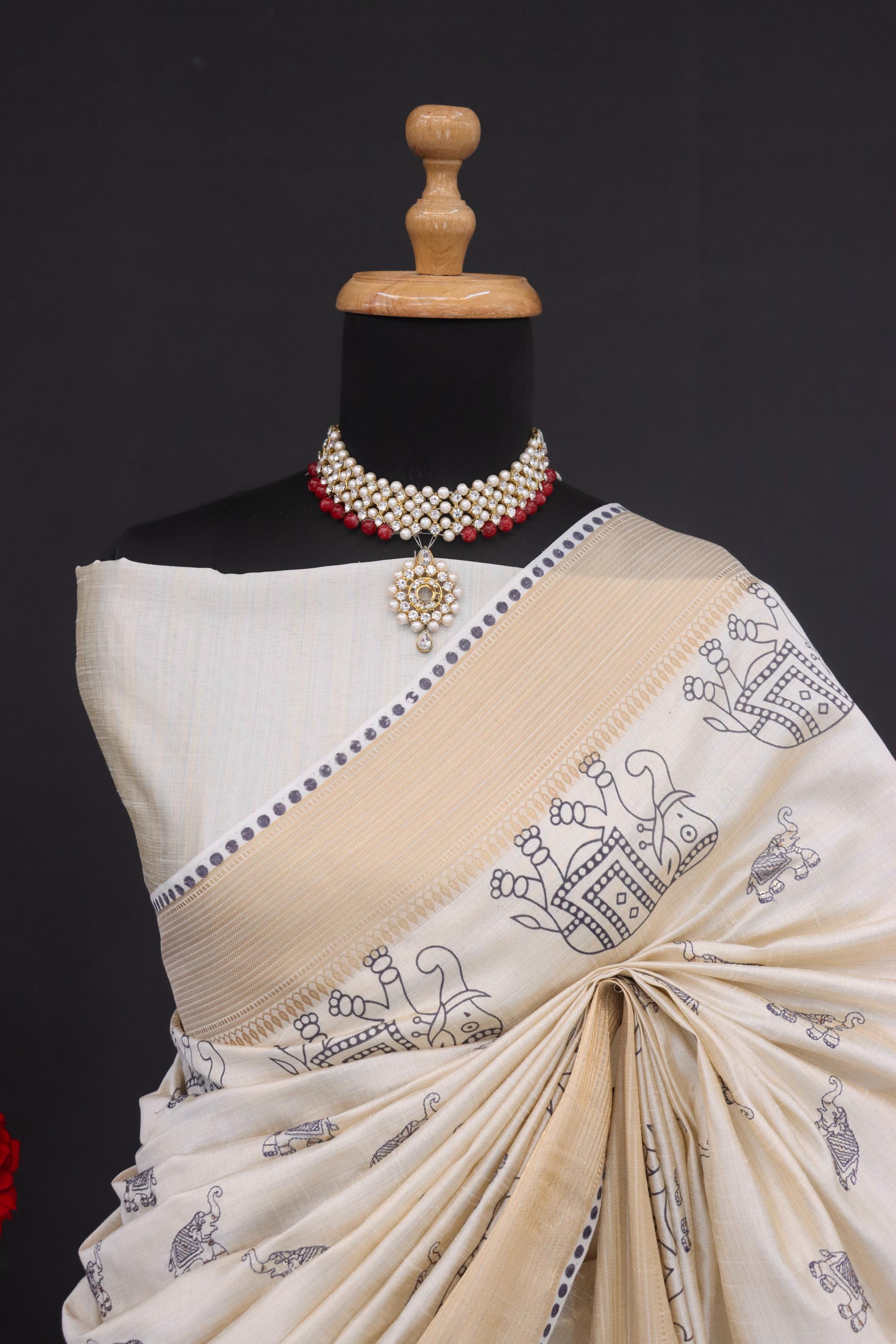 Summer Special Off White And Blue Hand Block With Work Linen Silk Saree
