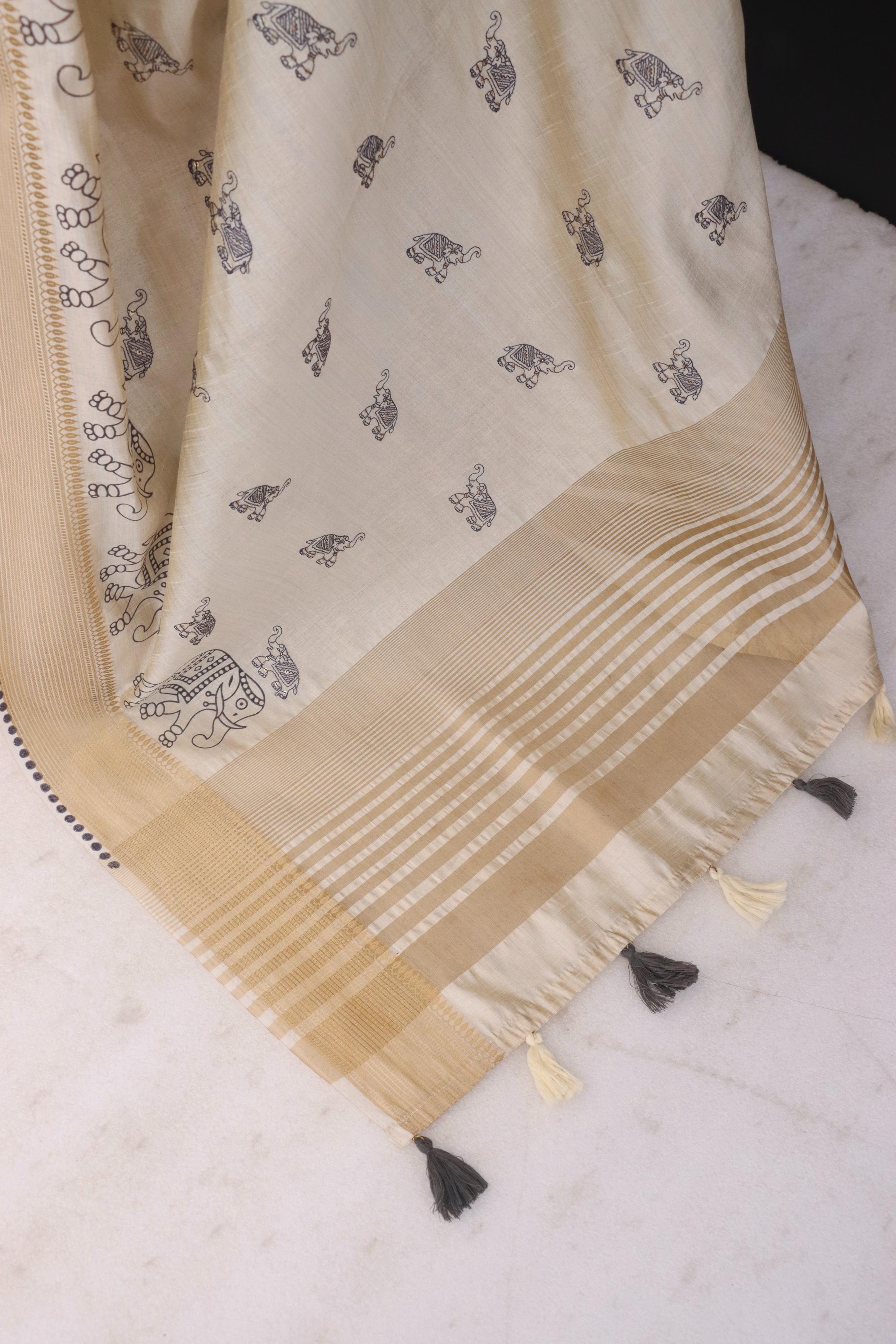 Summer Special Off White And Blue Hand Block With Work Linen Silk Saree