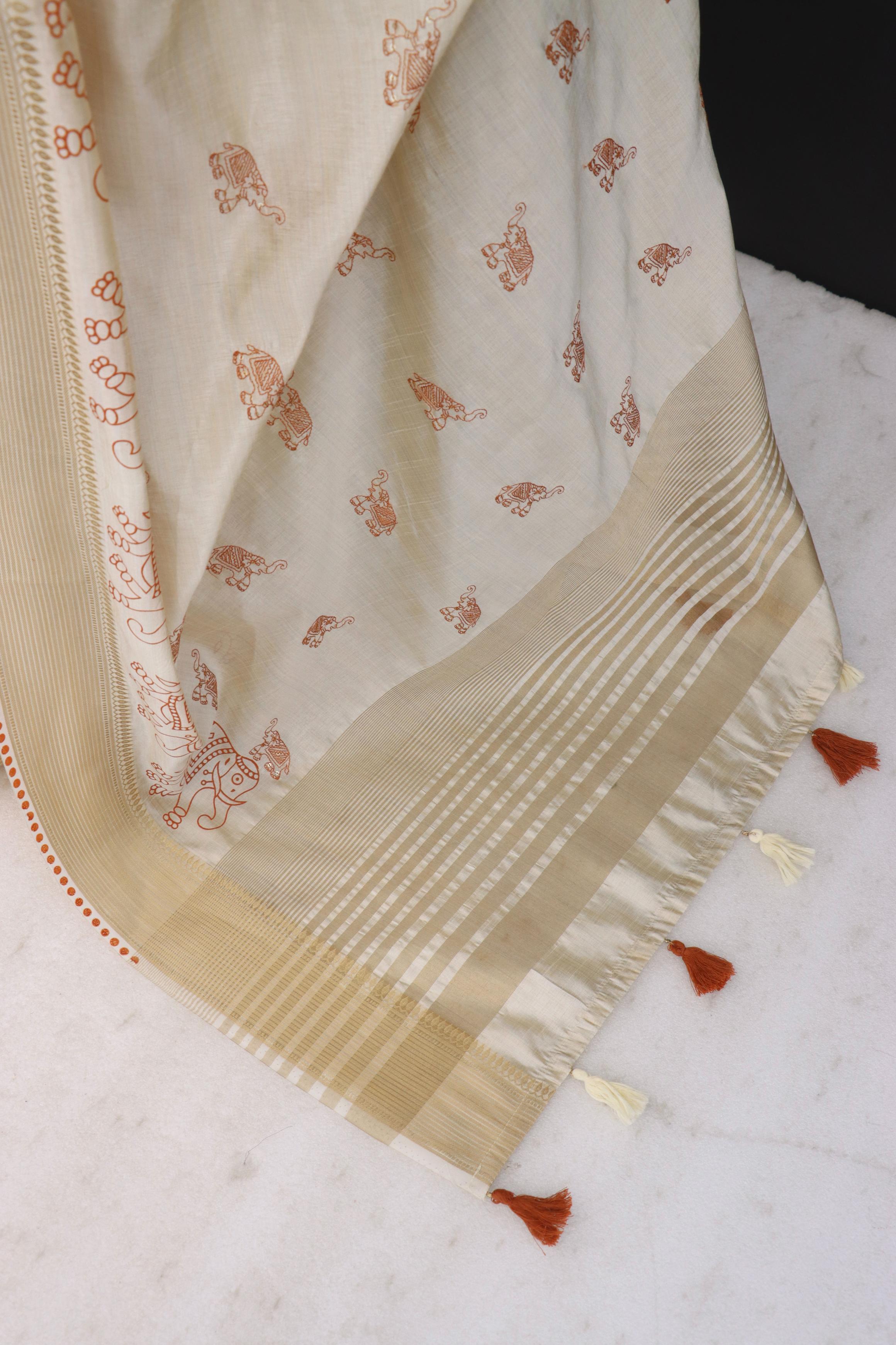 Summer Special Off White And Orange Hand Block With Work Linen Silk Saree