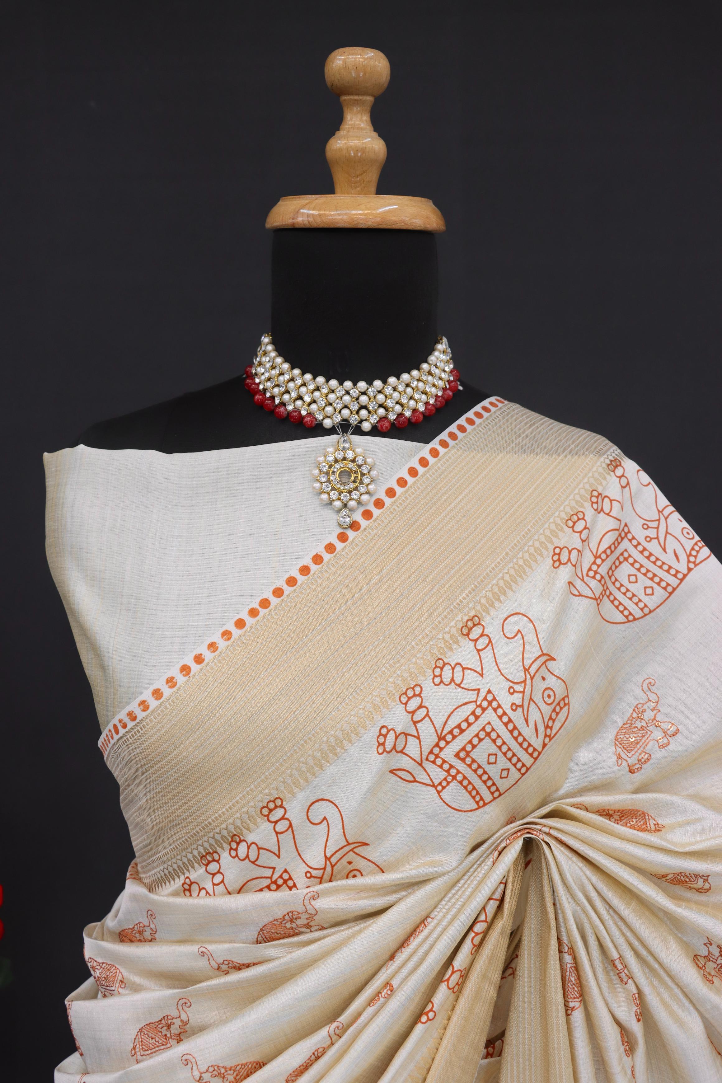 Summer Special Off White And Orange Hand Block With Work Linen Silk Saree