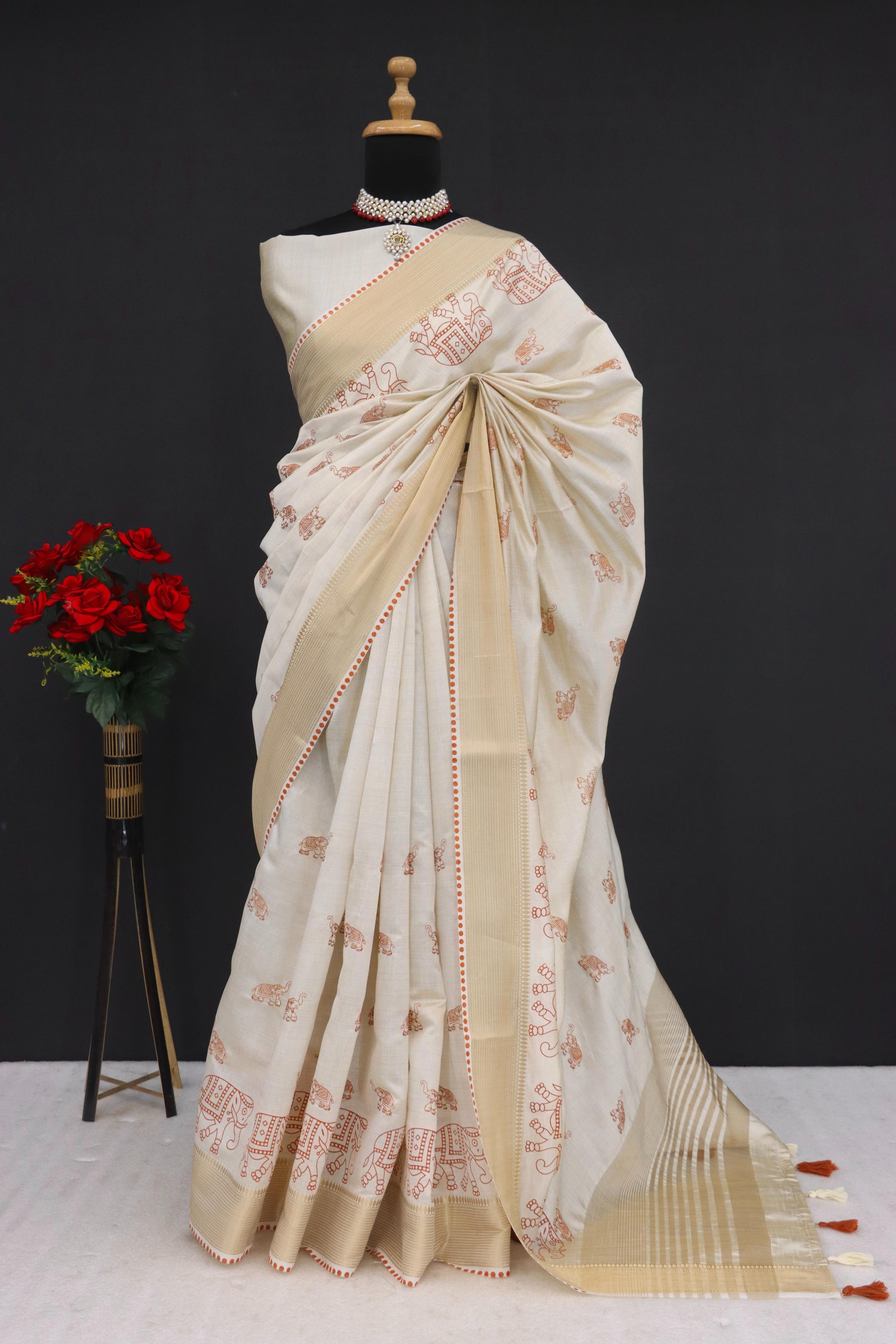 Summer Special Off White And Orange Hand Block With Work Linen Silk Saree