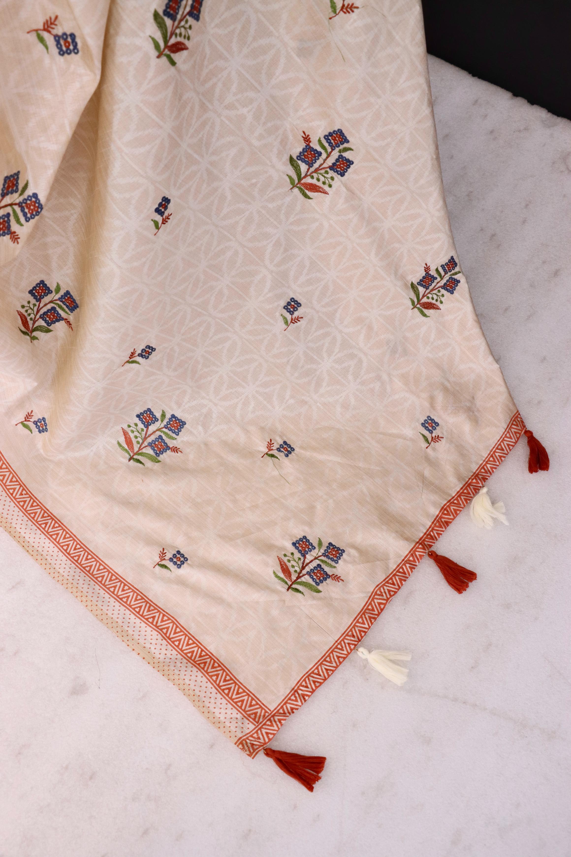 Summer Special Orange Flower Work Katha Linen Silk Saree
