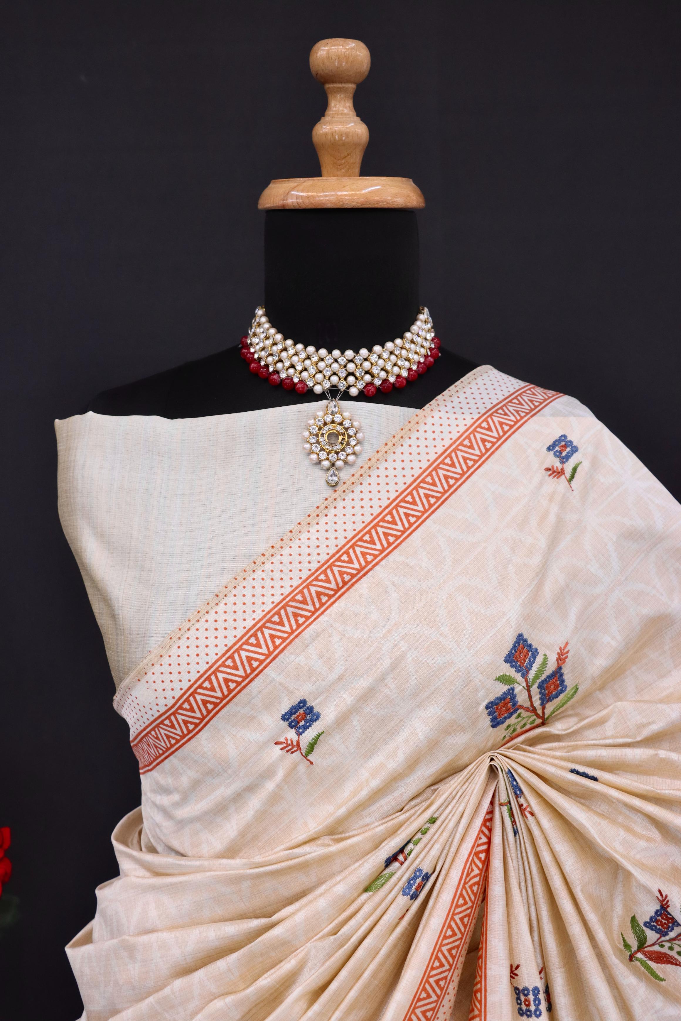 Summer Special Orange Flower Work Katha Linen Silk Saree