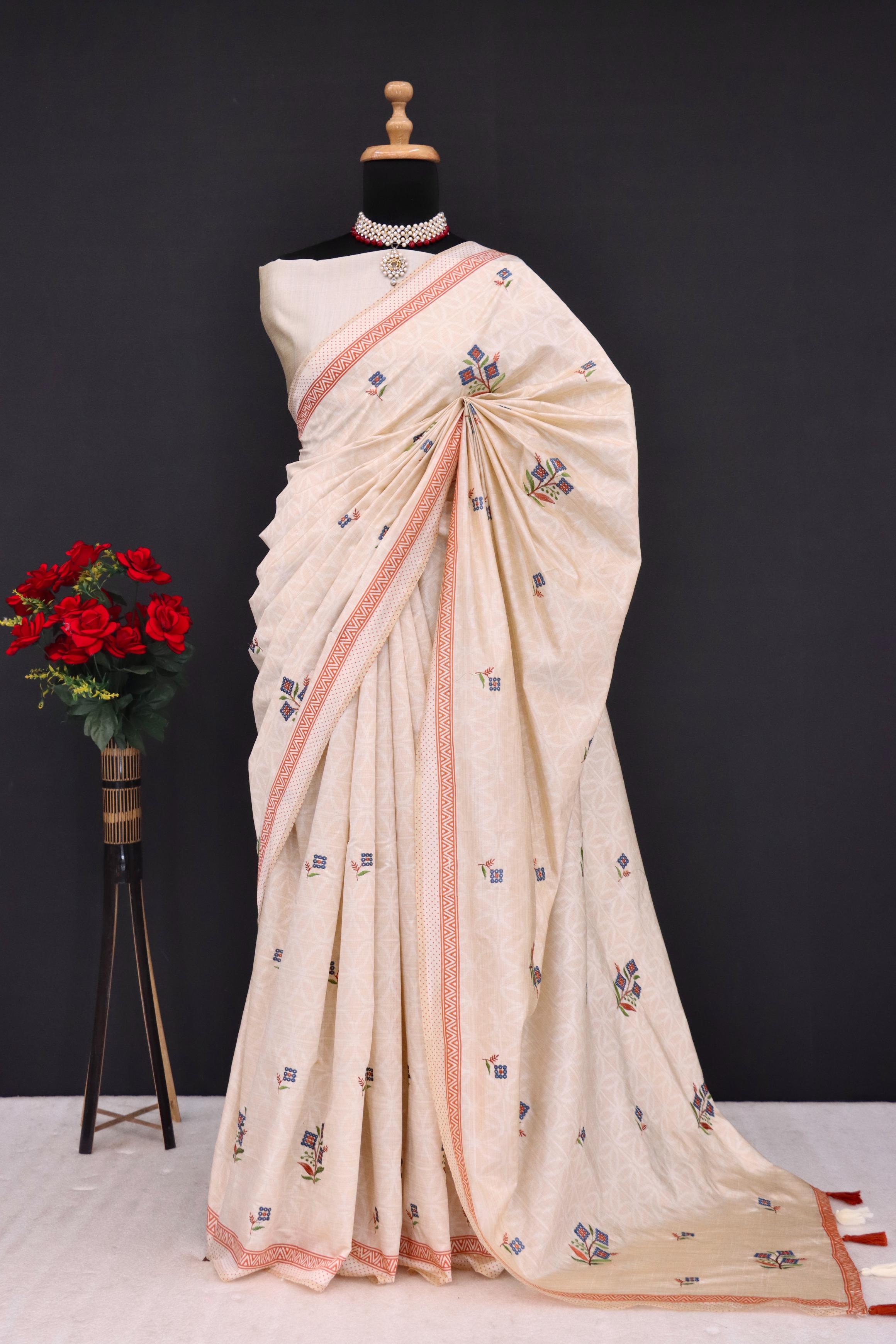 Summer Special Orange Flower Work Katha Linen Silk Saree
