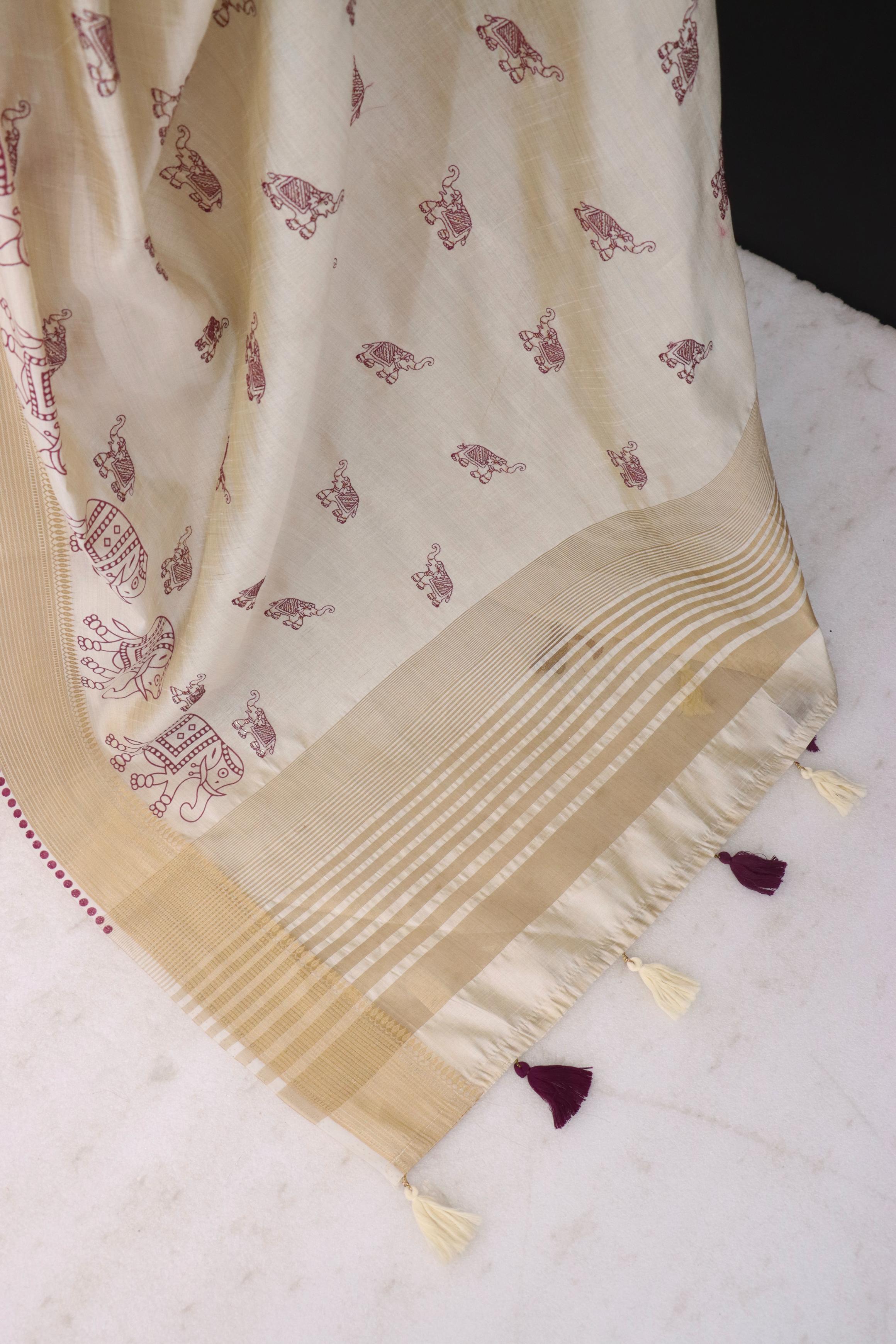 Summer Special Off White And Wine Hand Block With Work Linen Silk Saree
