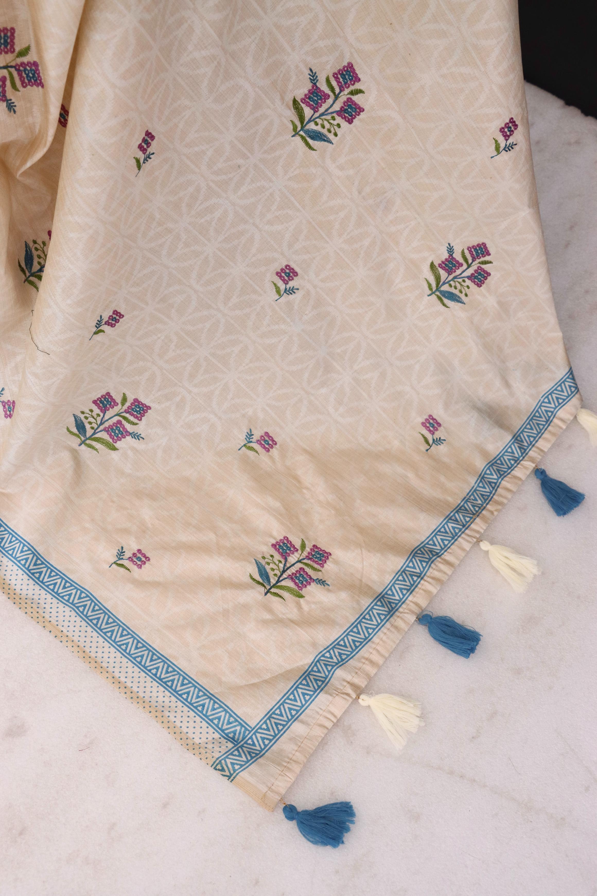 Summer Special Blue Flower Work Katha Linen Silk Saree