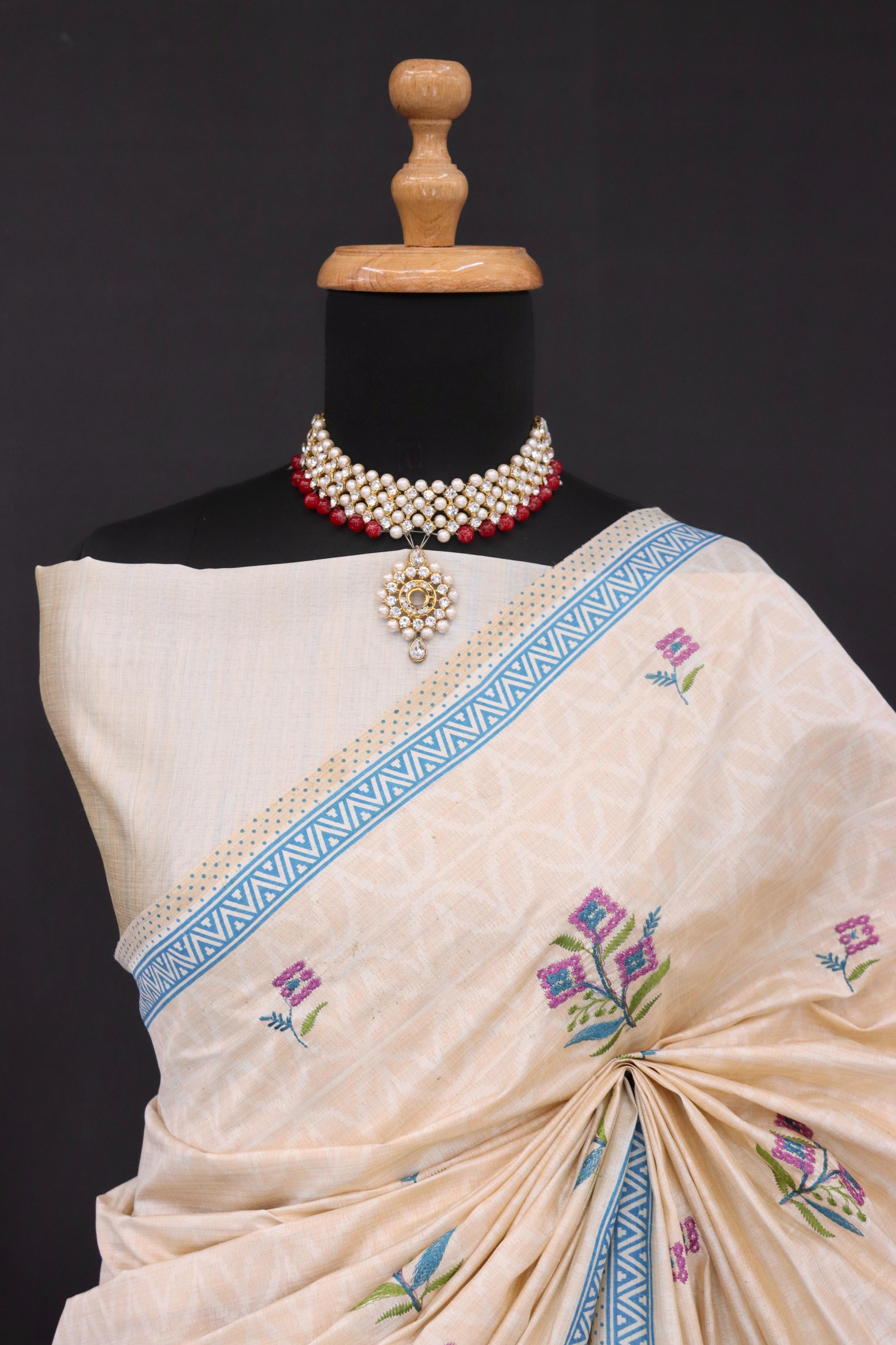 Summer Special Blue Flower Work Katha Linen Silk Saree
