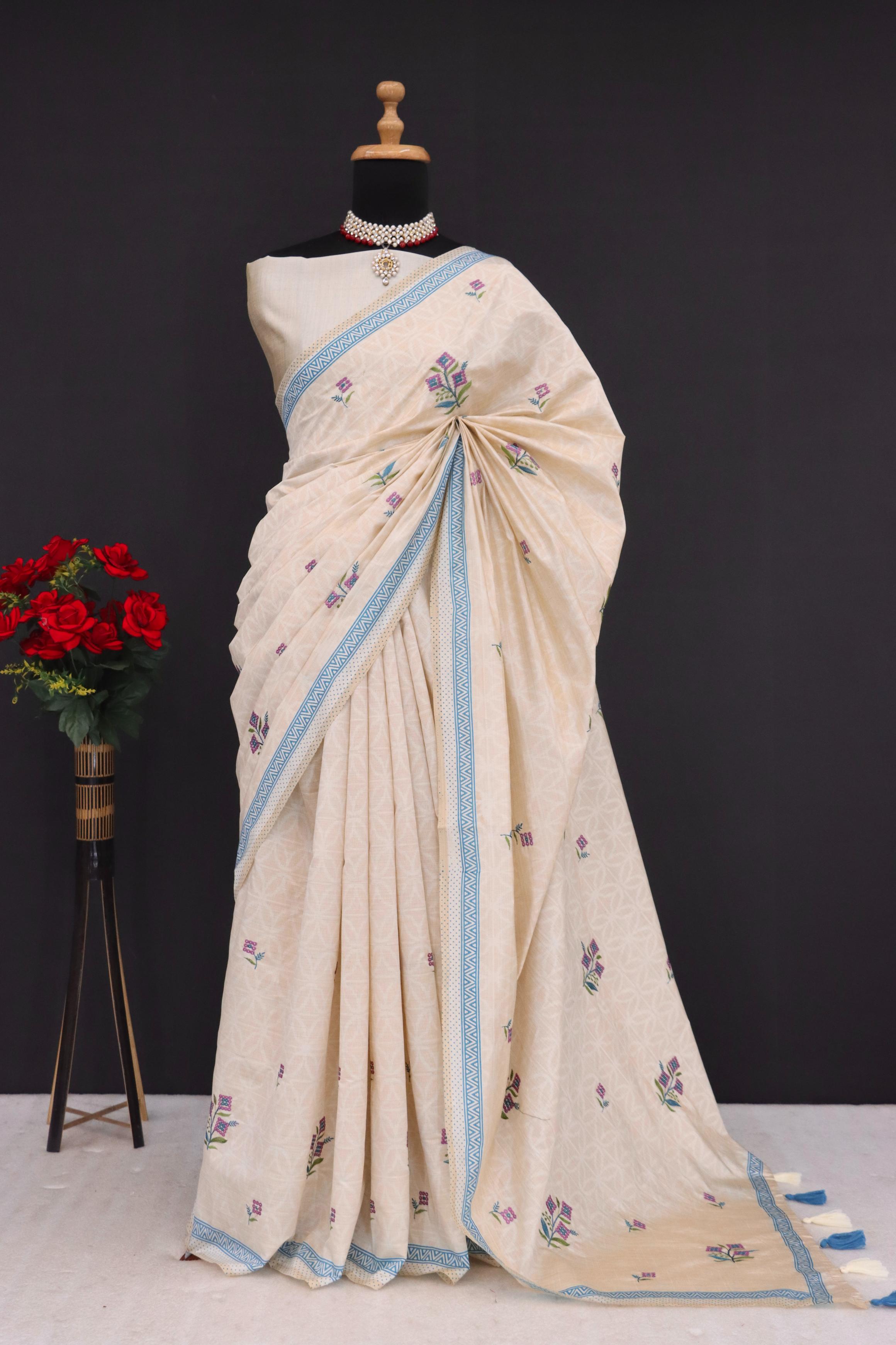 Summer Special Blue Flower Work Katha Linen Silk Saree