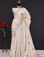Summer Special Blue Flower Work Katha Linen Silk Saree