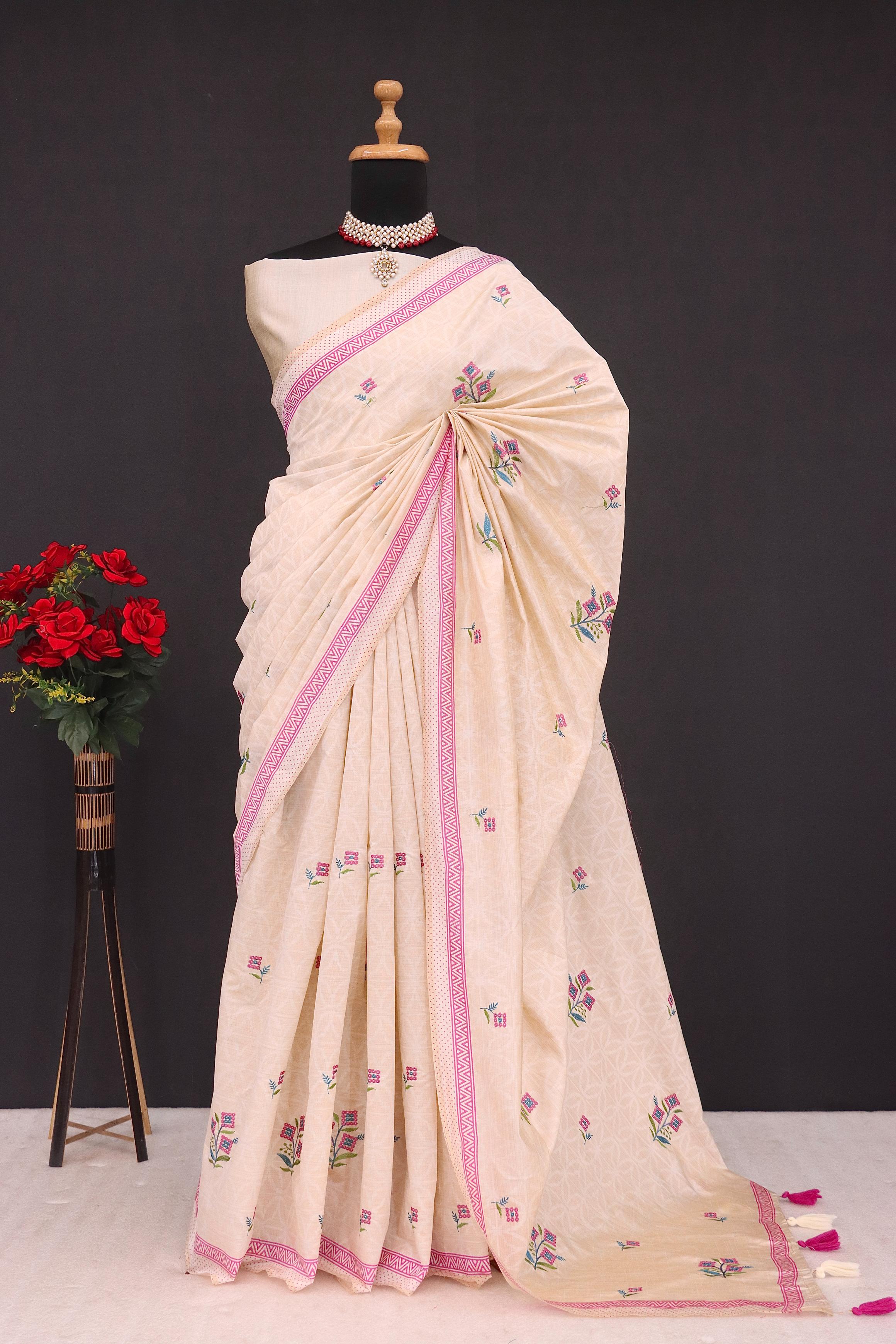Summer Special Pink Flower Work Katha Linen Silk Saree