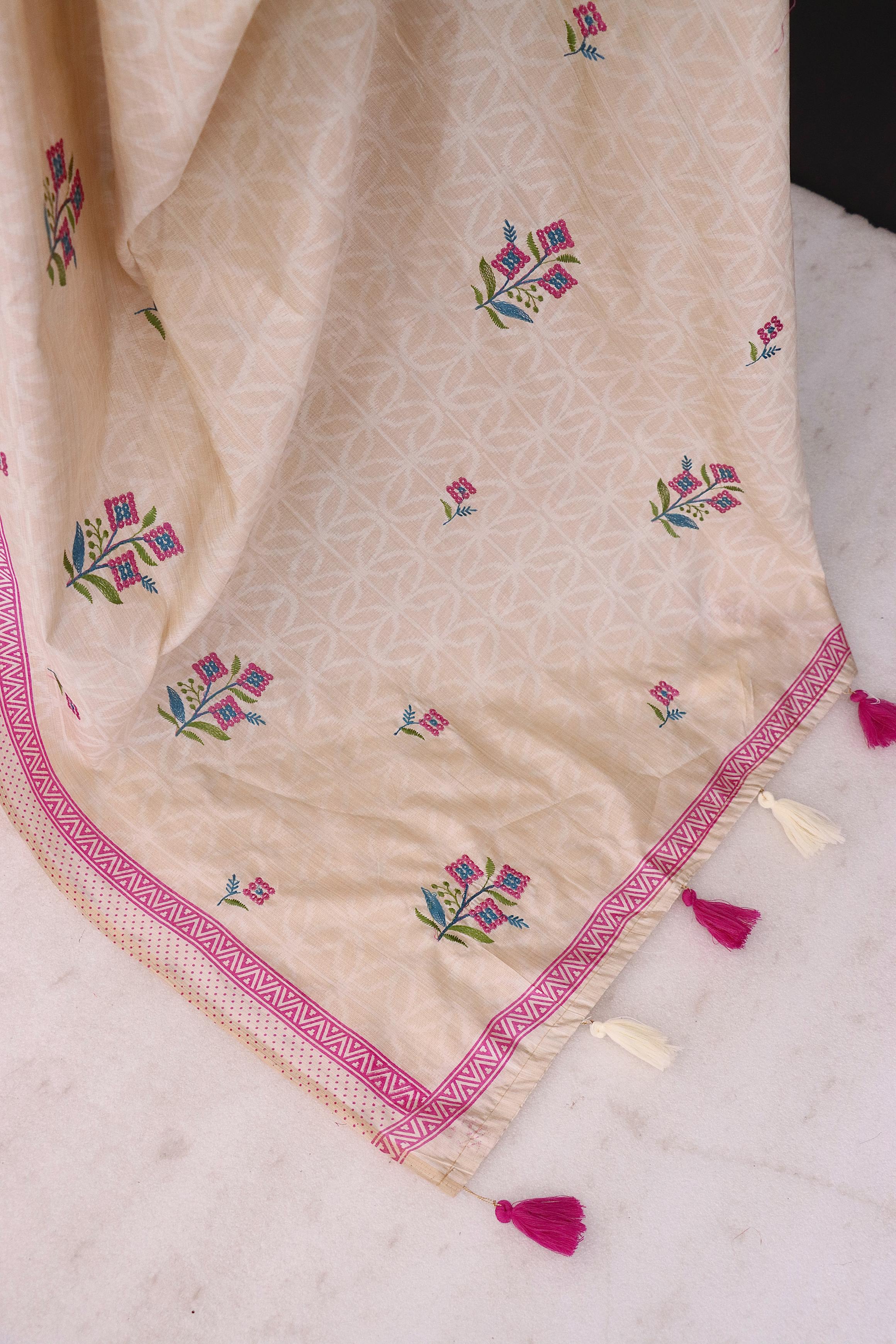 Summer Special Pink Flower Work Katha Linen Silk Saree