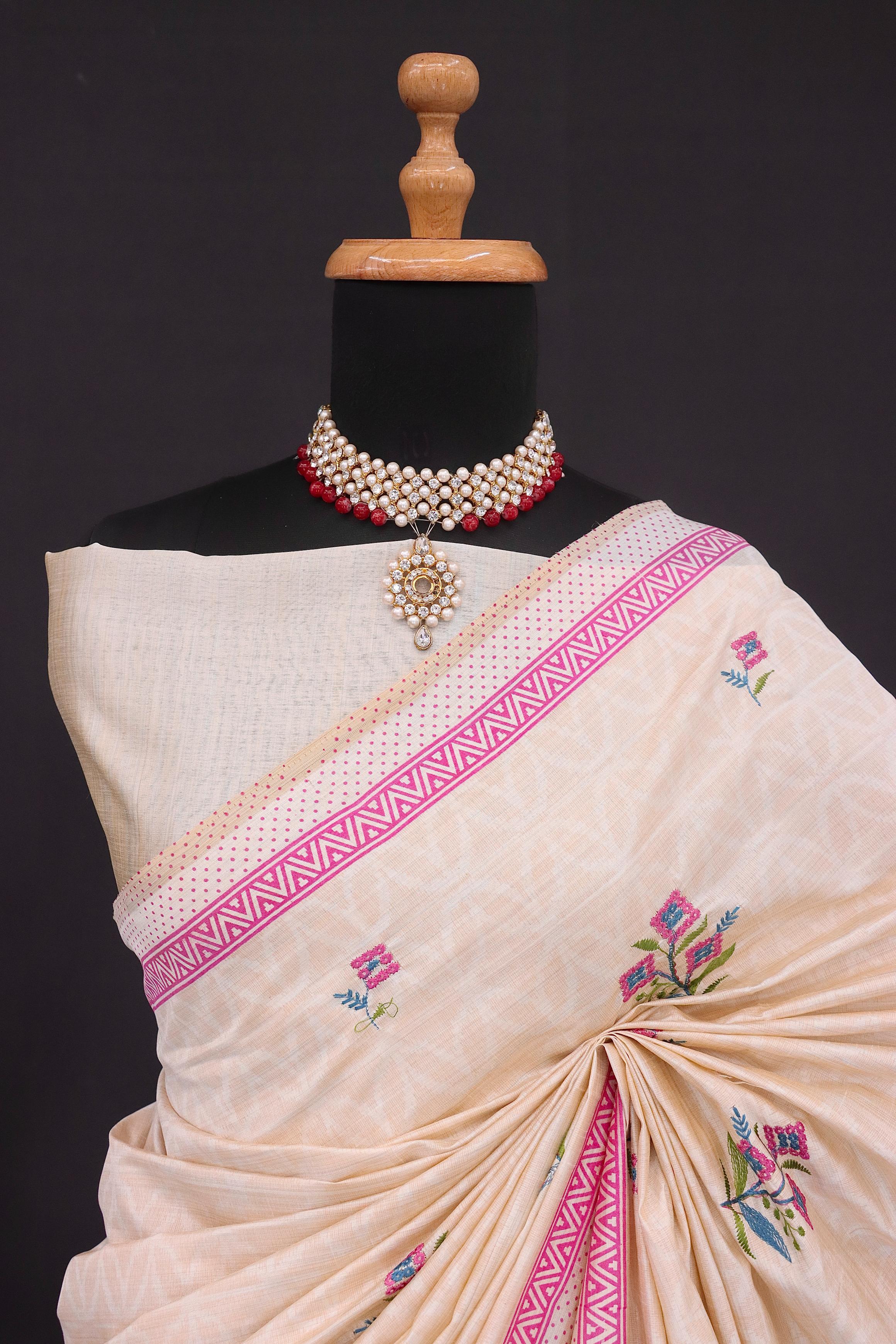Summer Special Pink Flower Work Katha Linen Silk Saree