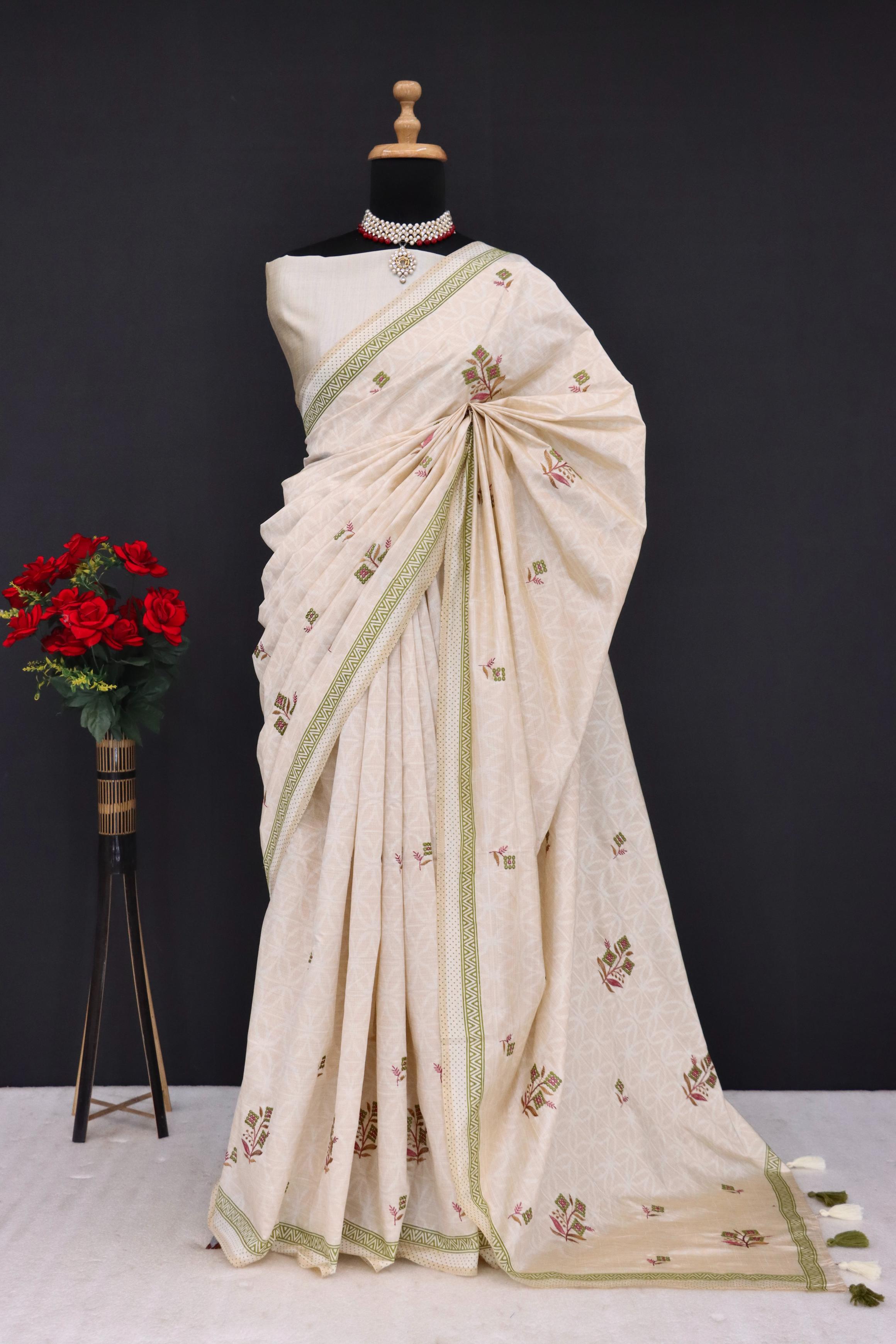 Summer Special Green Flower Work Katha Linen Silk Saree