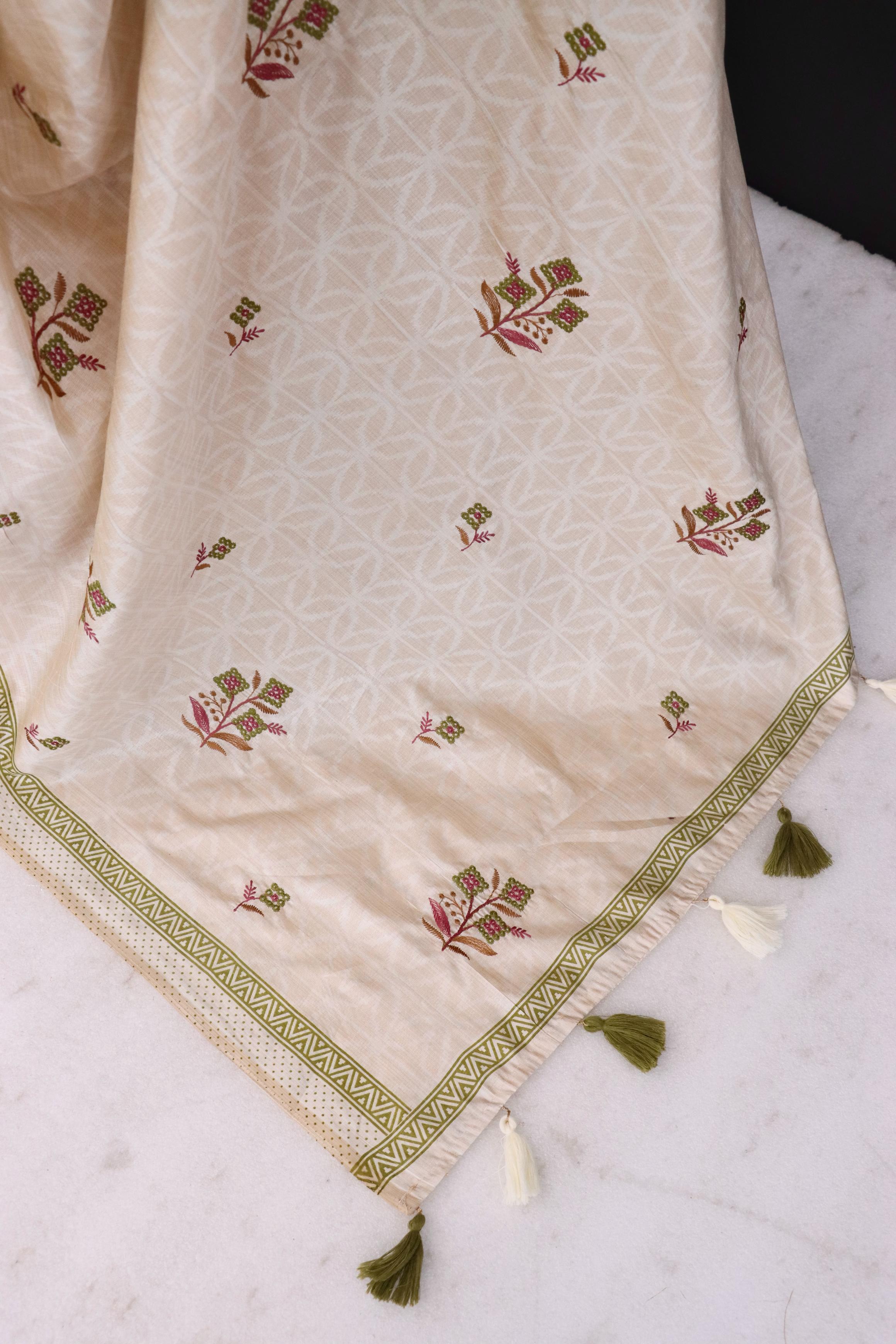 Summer Special Green Flower Work Katha Linen Silk Saree