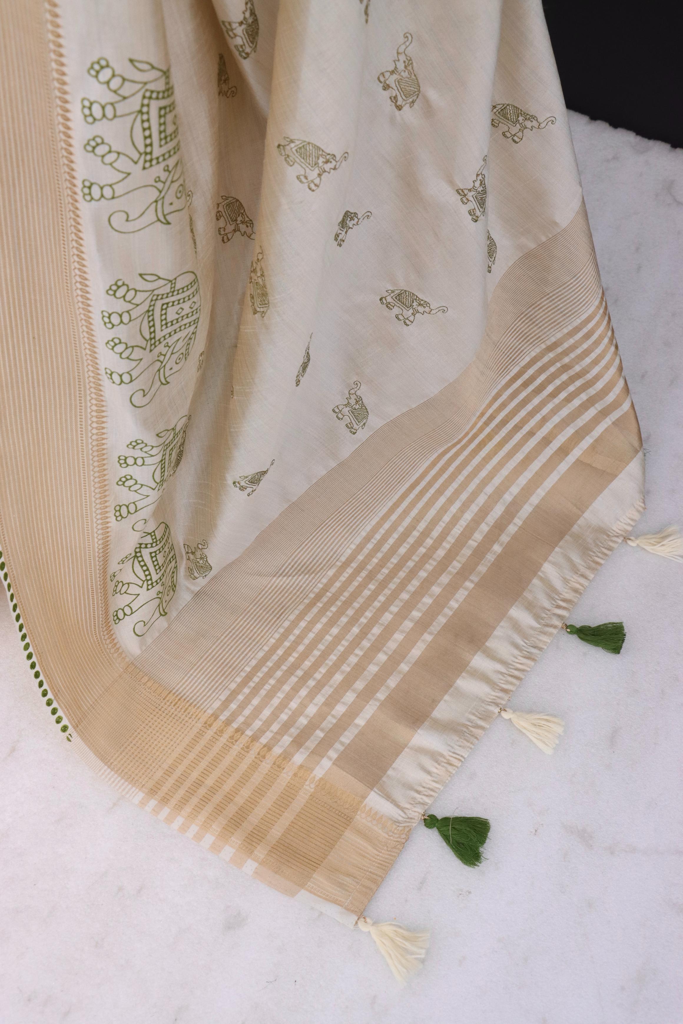 Summer Special Off White And Green Hand Block With Work Linen Silk Saree