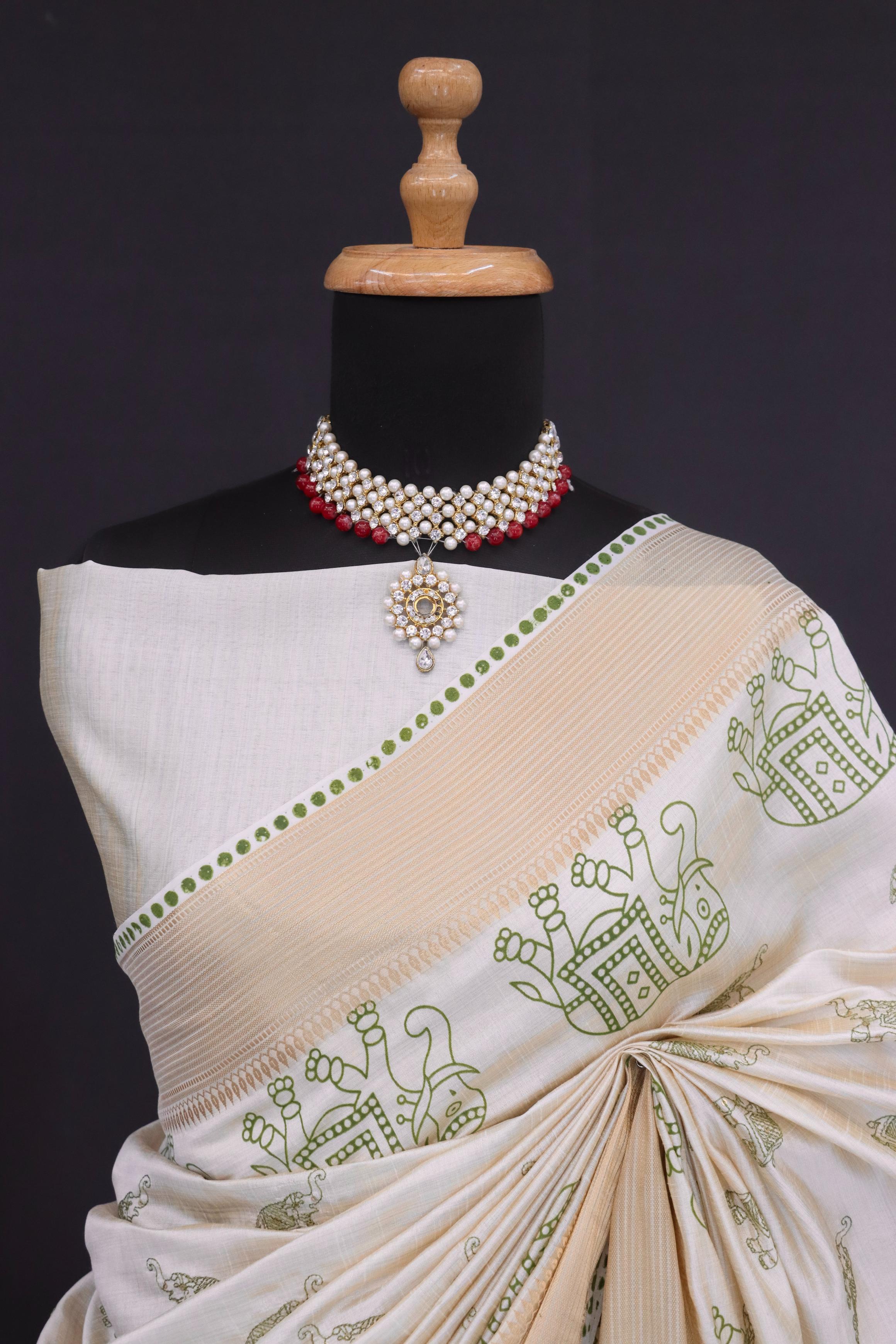 Summer Special Off White And Green Hand Block With Work Linen Silk Saree