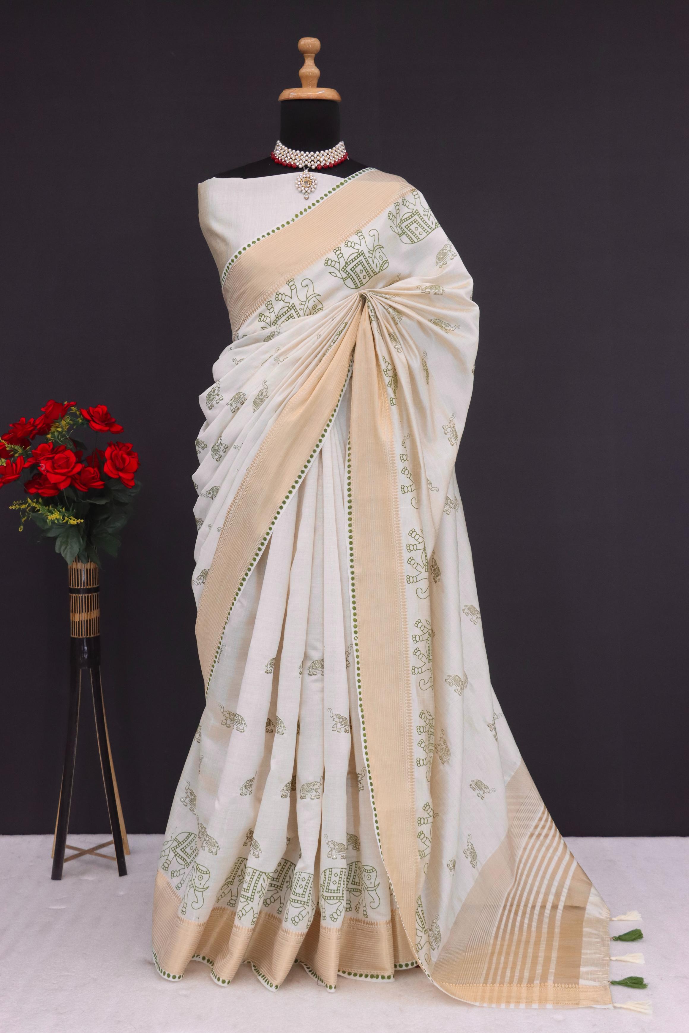 Summer Special Off White And Green Hand Block With Work Linen Silk Saree