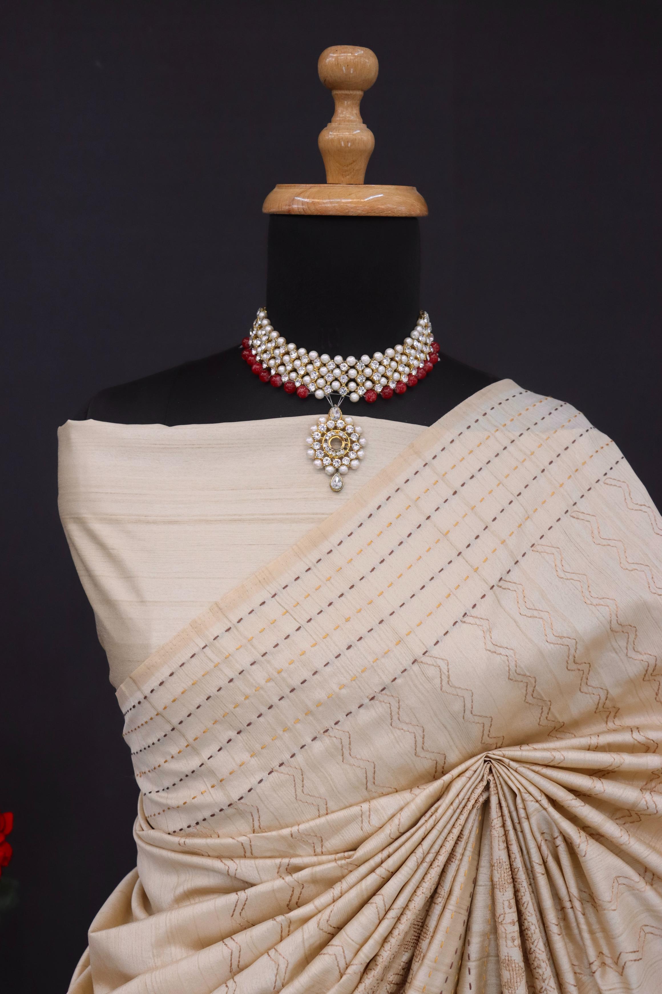 Summer Special Off White Katha Work Linen Silk Saree