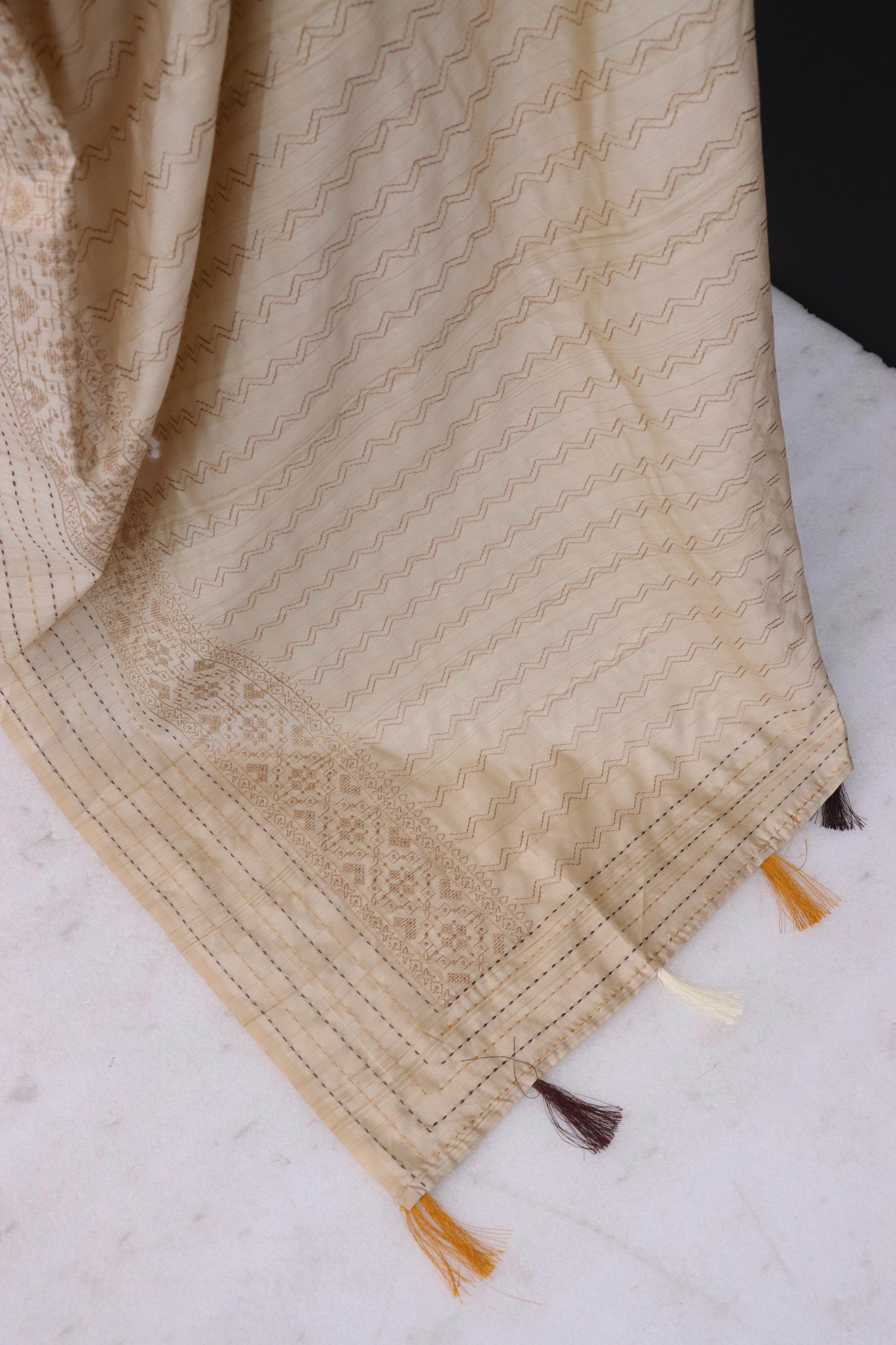 Summer Special Off White Katha Work Linen Silk Saree