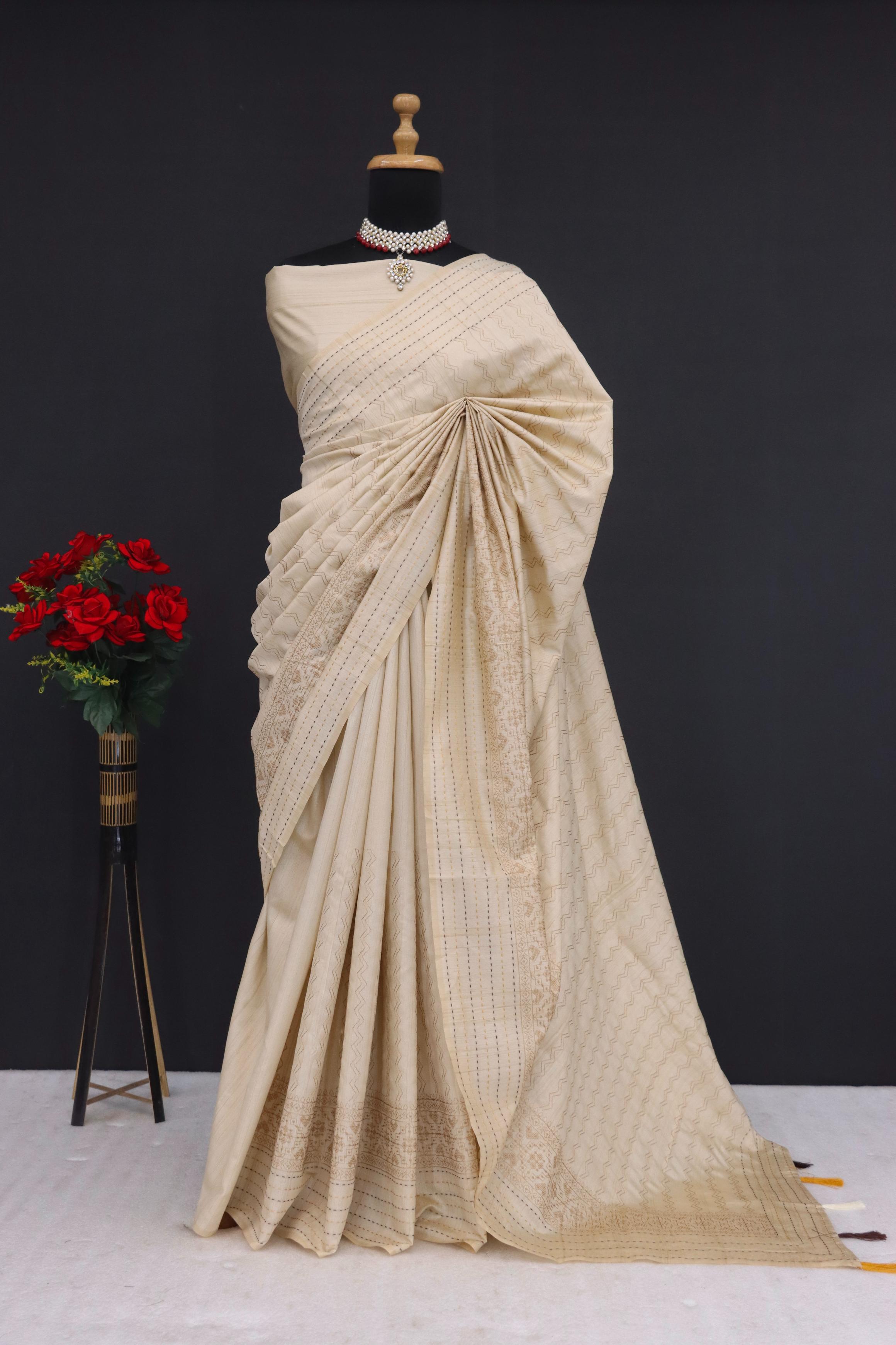 Summer Special Off White Katha Work Linen Silk Saree