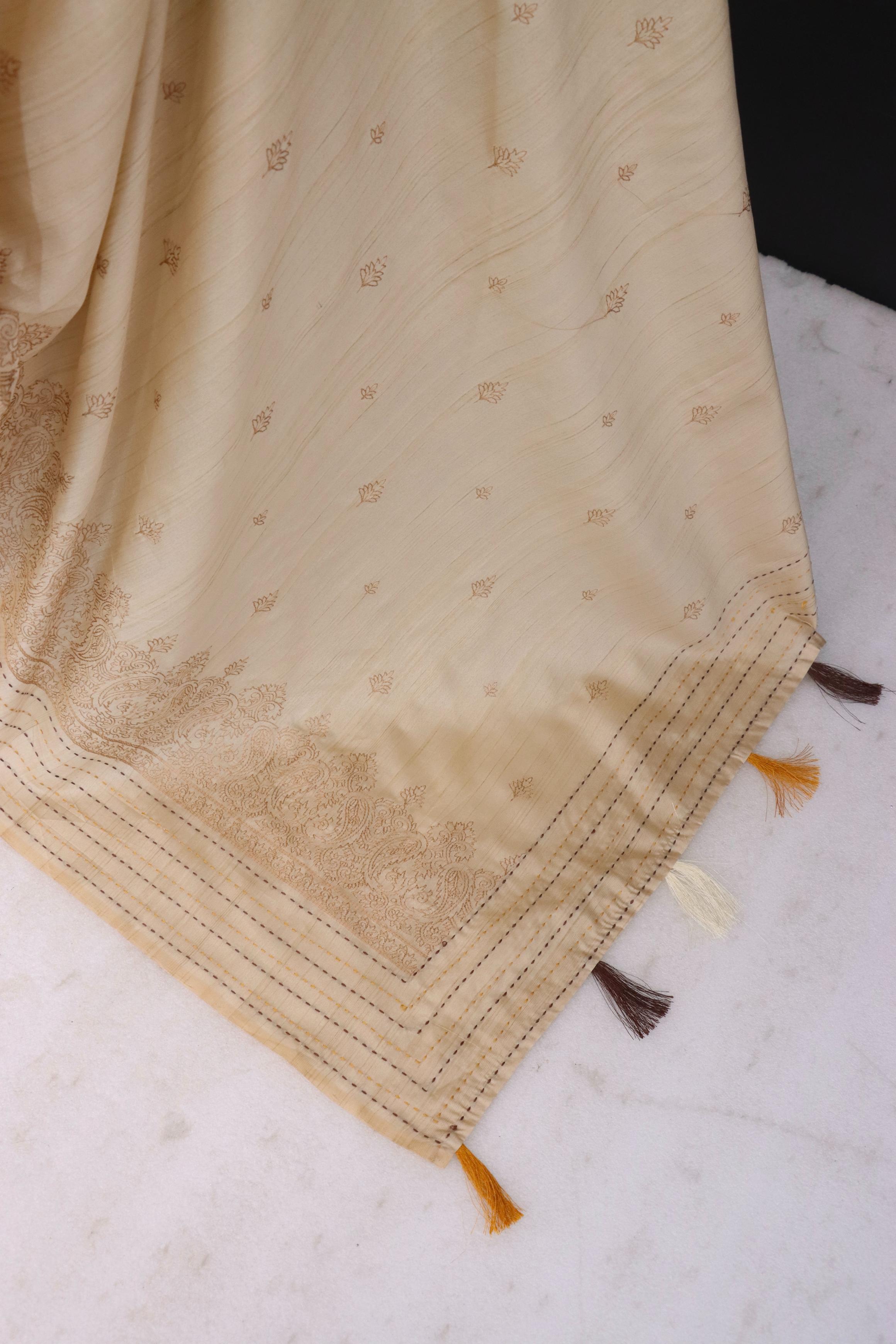 Summer Special Off White Katha Work Linen Silk Saree