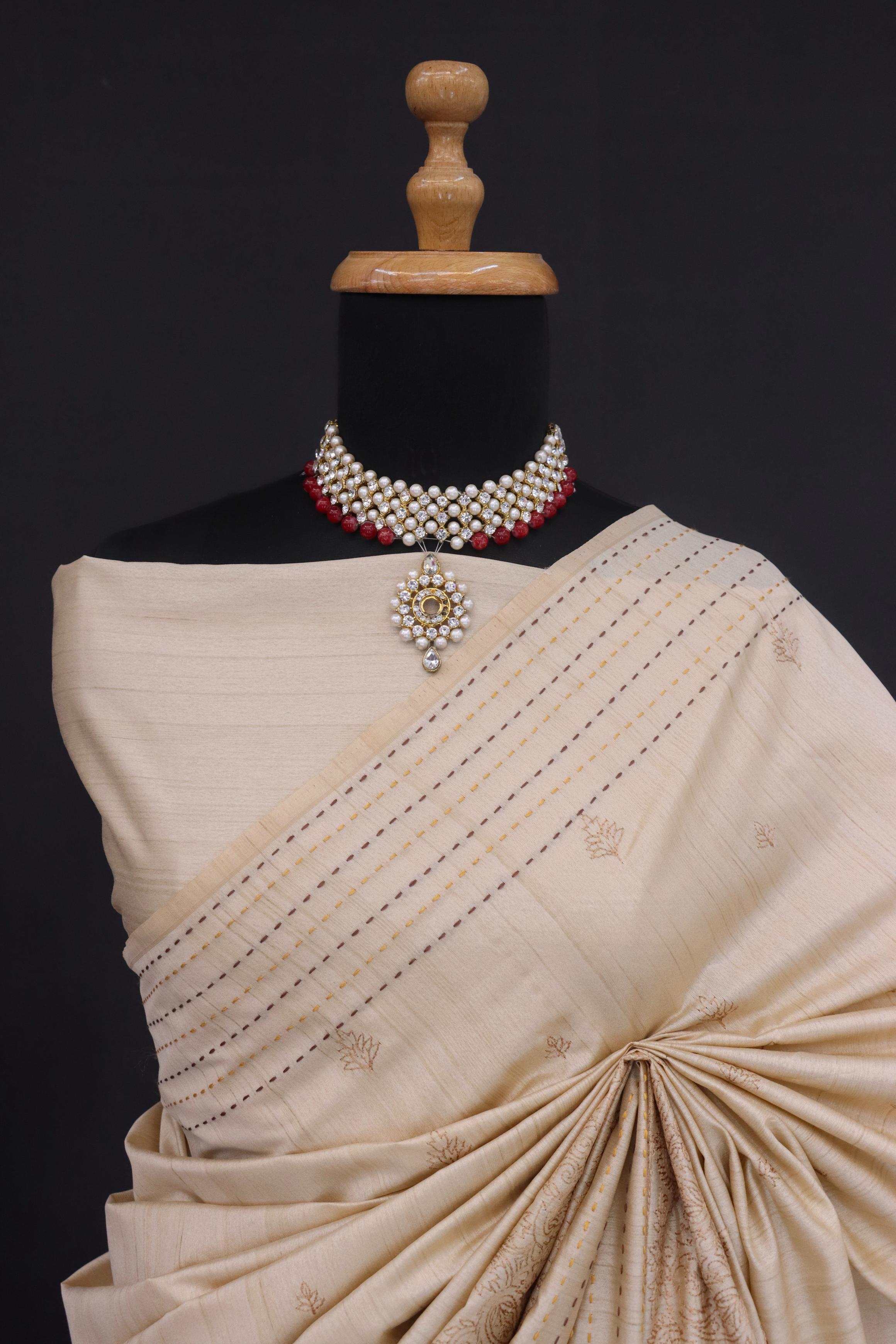 Summer Special Off White Katha Work Linen Silk Saree