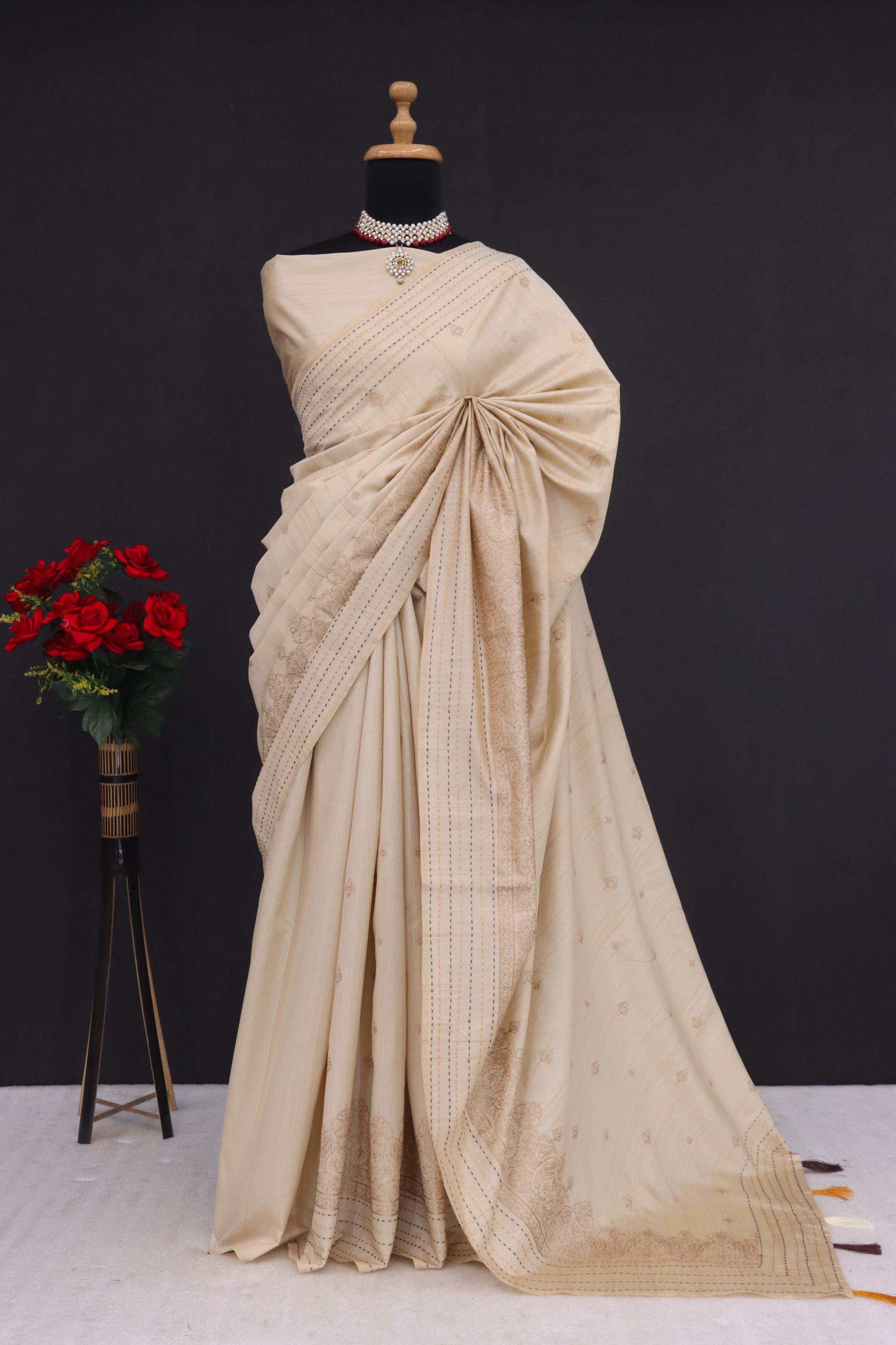 Summer Special Off White Katha Work Linen Silk Saree