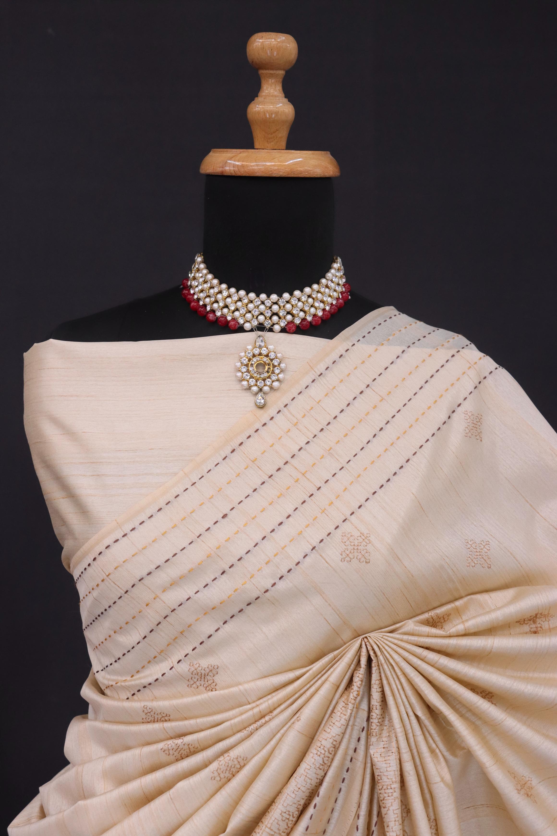 Summer Special Off White Katha Work Linen Silk Saree