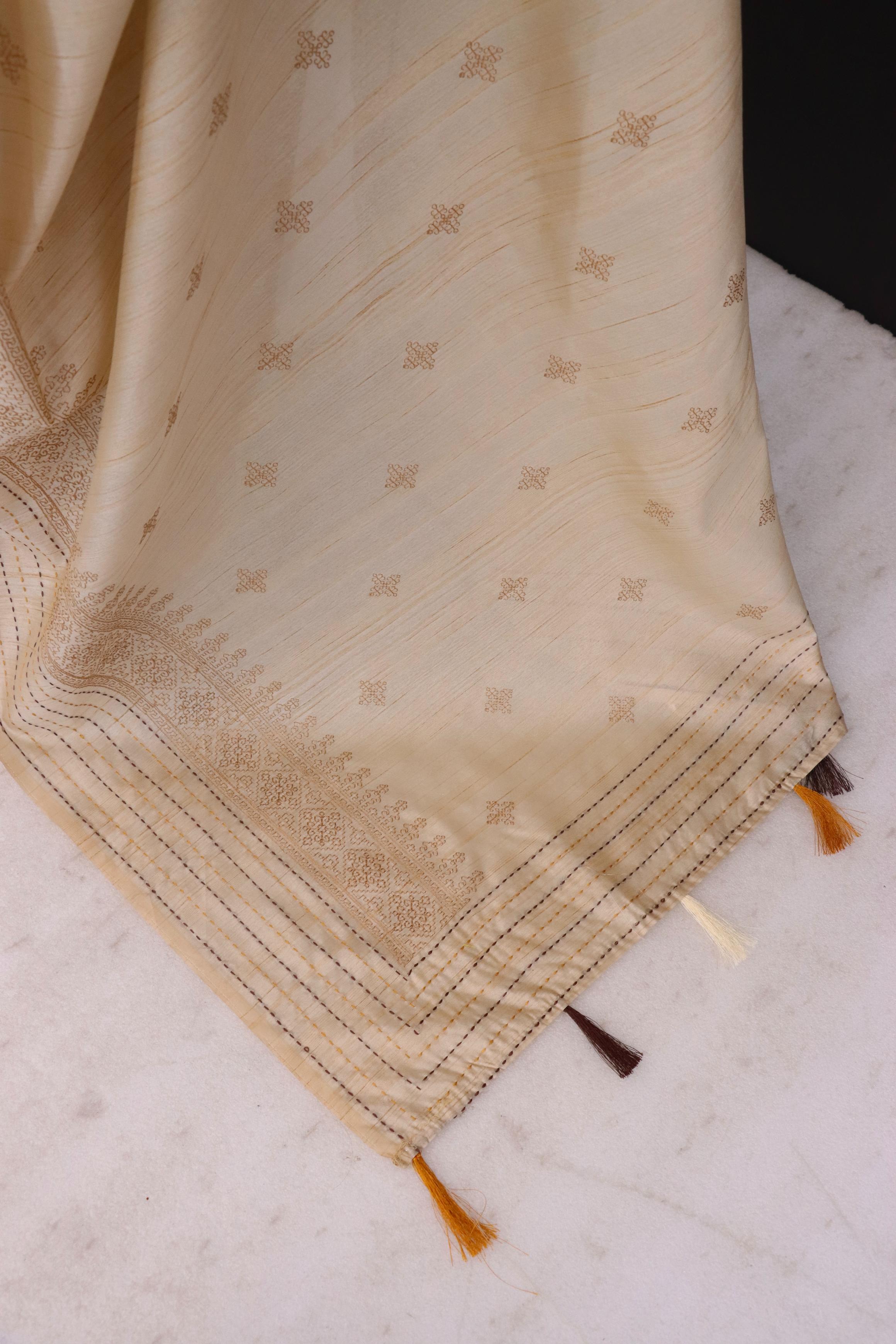 Summer Special Off White Katha Work Linen Silk Saree