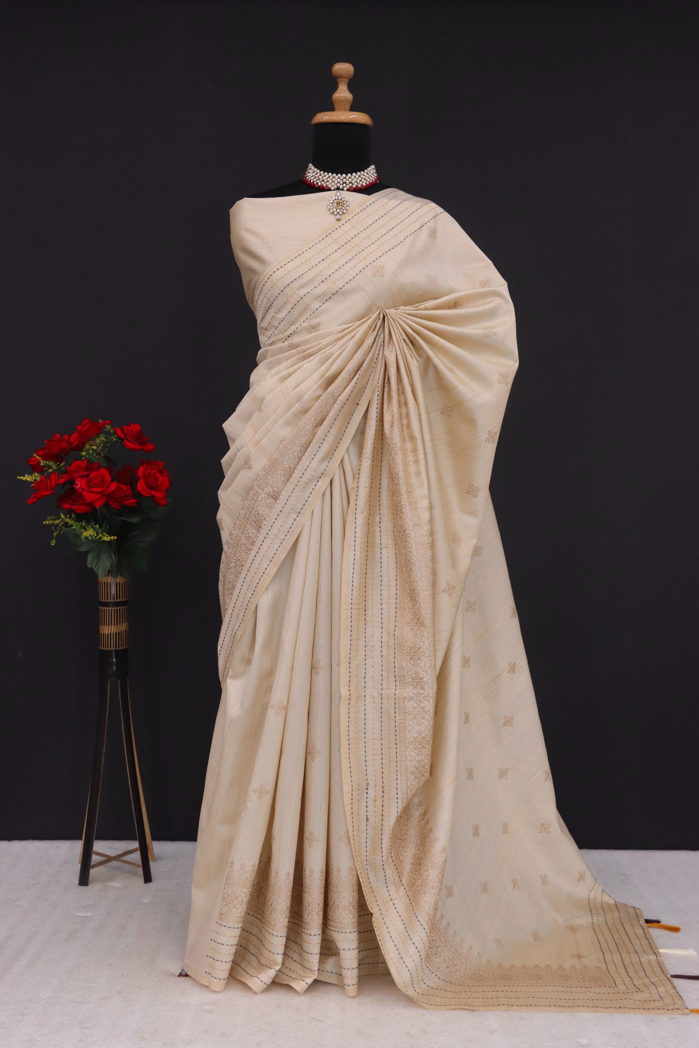 Summer Special Off White Katha Work Linen Silk Saree