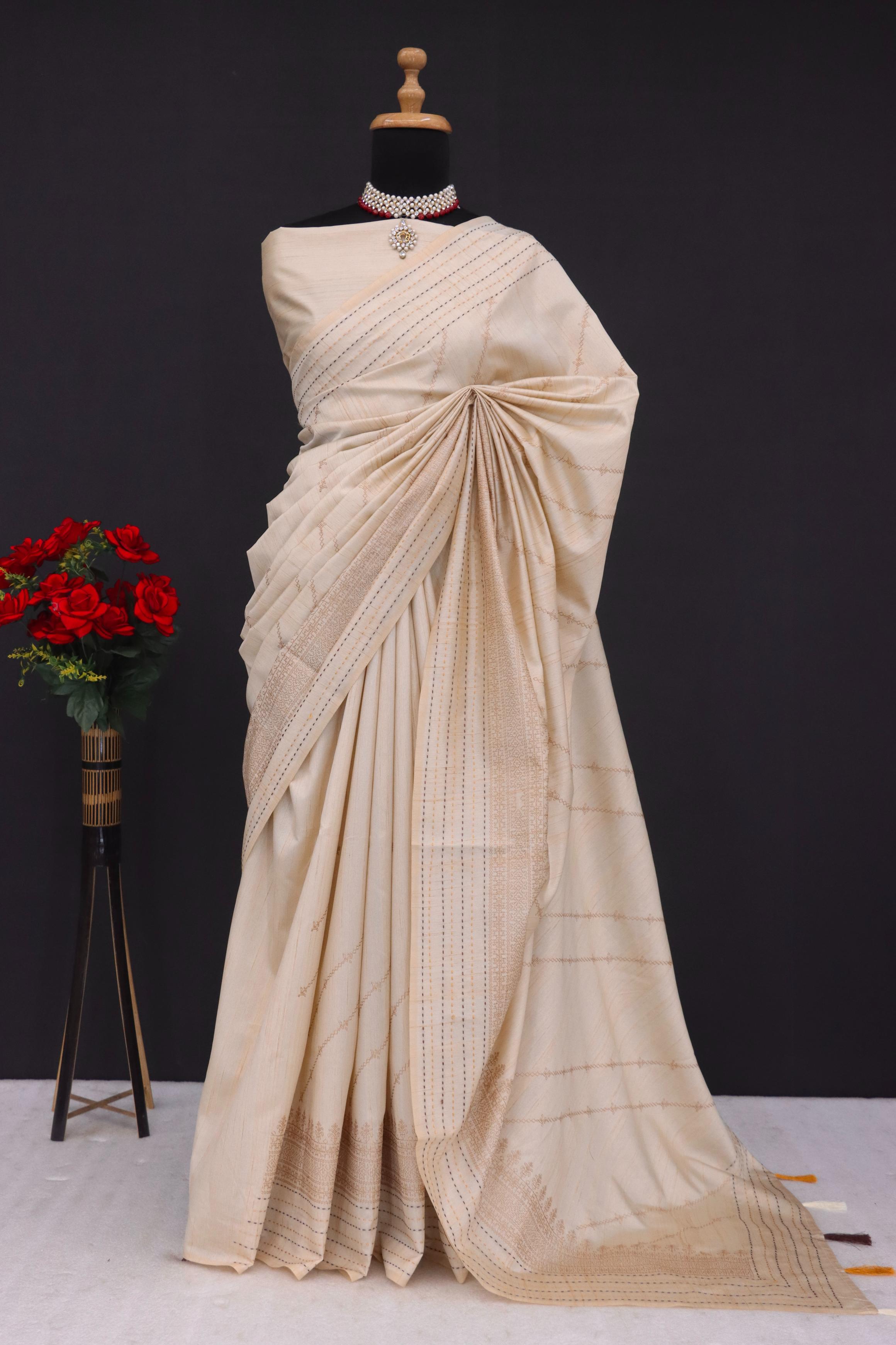 Summer Special Off White Katha Work Linen Silk Saree