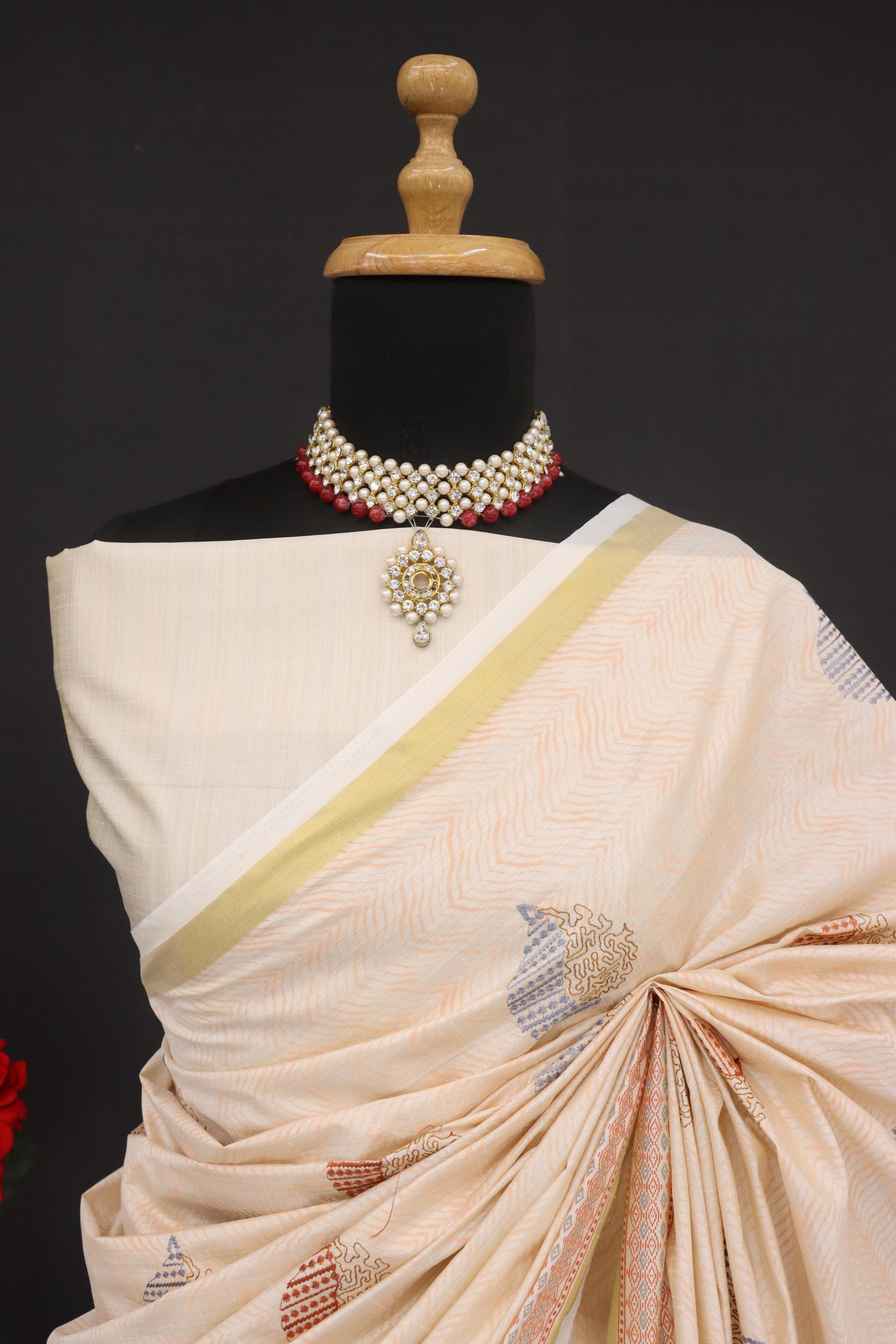 Summer Special Orange Katha Work Linen Silk Saree