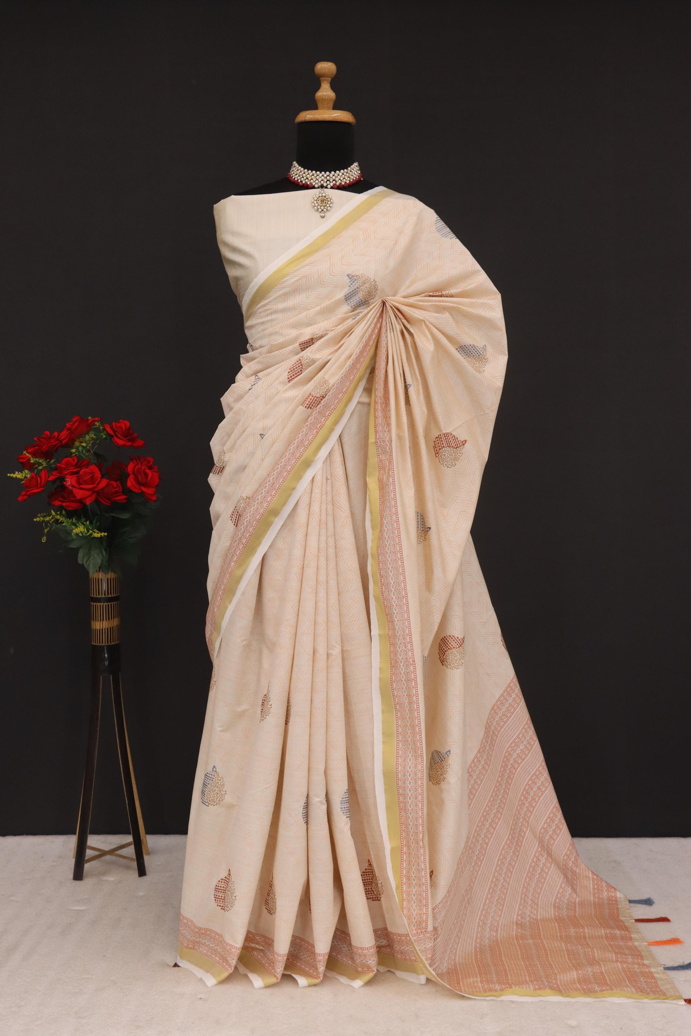 Summer Special Orange Katha Work Linen Silk Saree