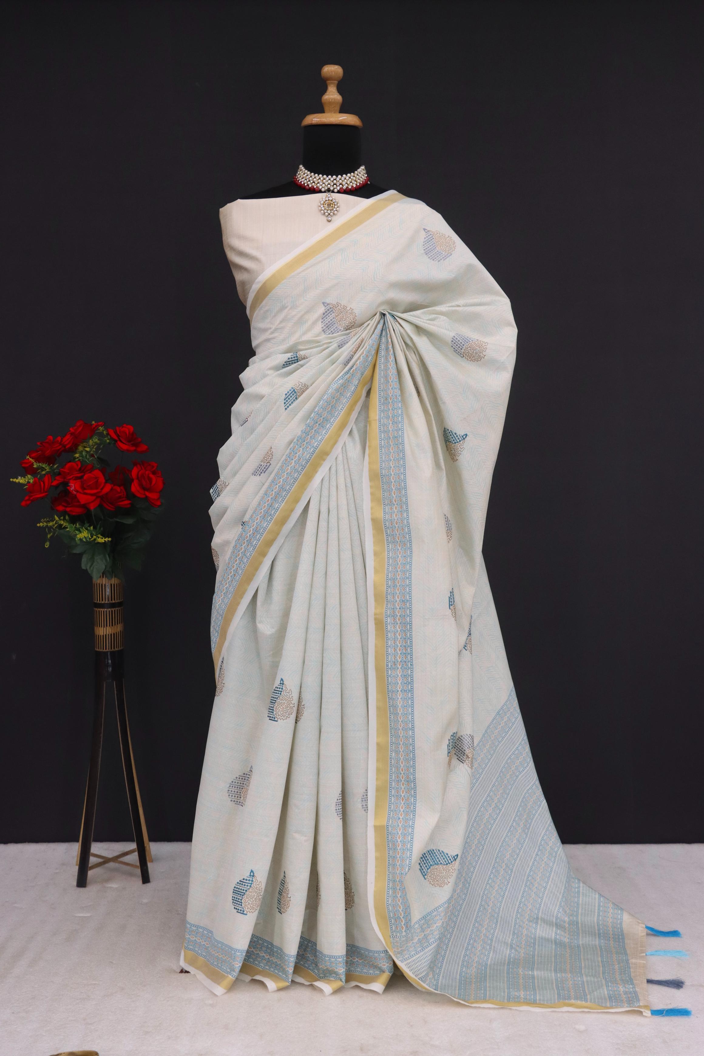 Summer Special Sky Blue Katha Work Linen Silk Saree