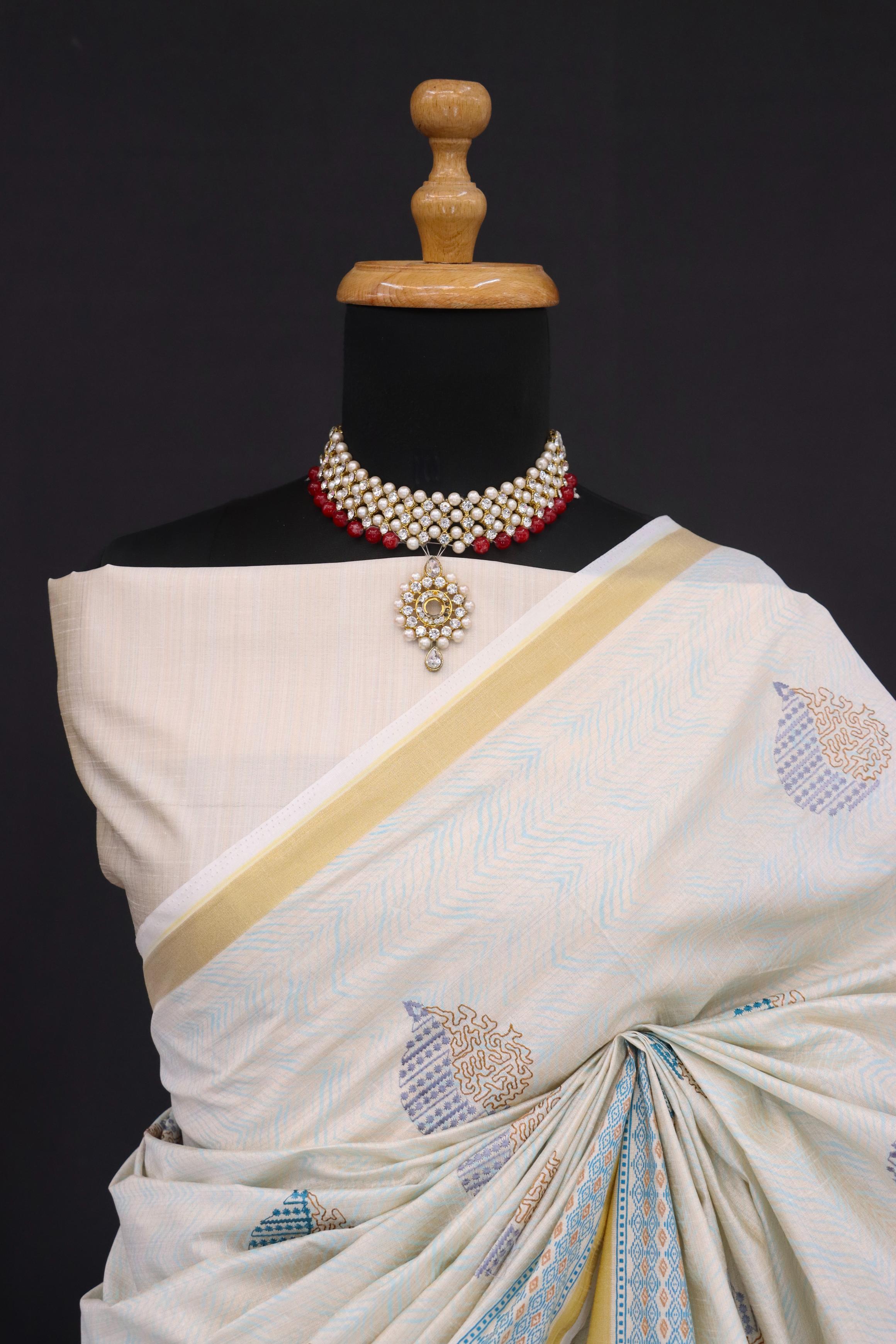 Summer Special Sky Blue Katha Work Linen Silk Saree